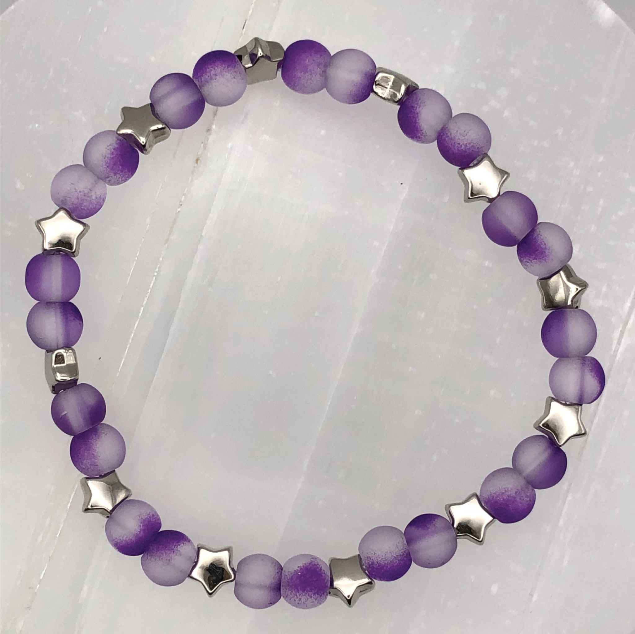 Violet Glass Bracelet with Silver Star Spacers