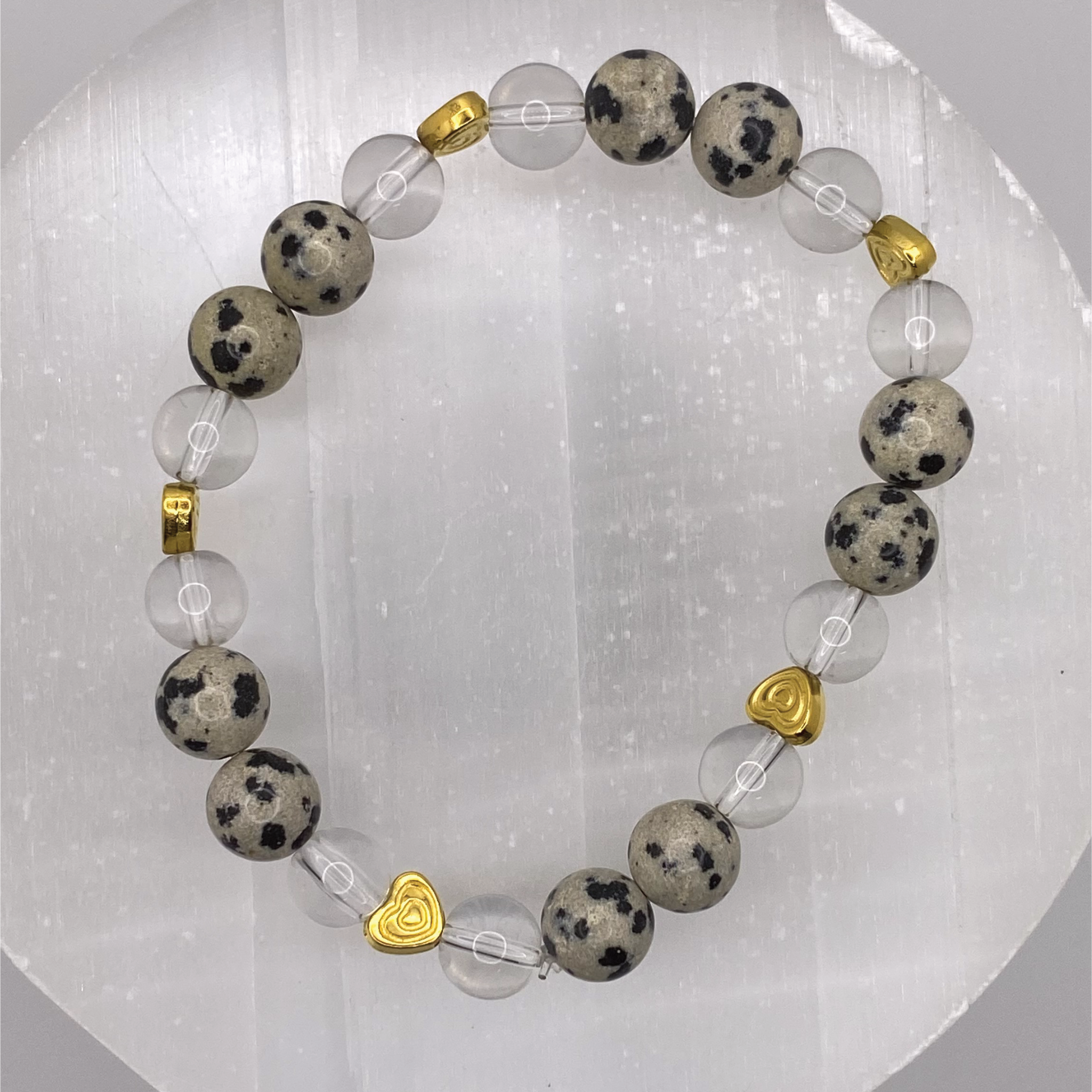 Clear Quartz Green Sodalite Bracelet with Gold Tone Heart Spacers