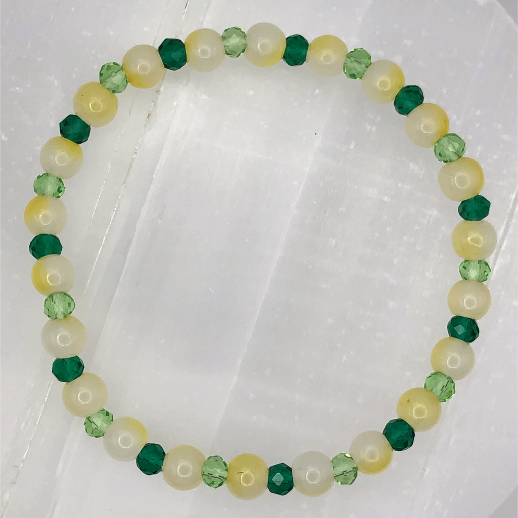 Cloudy Yellow Glass Bracelet with Tiny Green Crystal Spacers