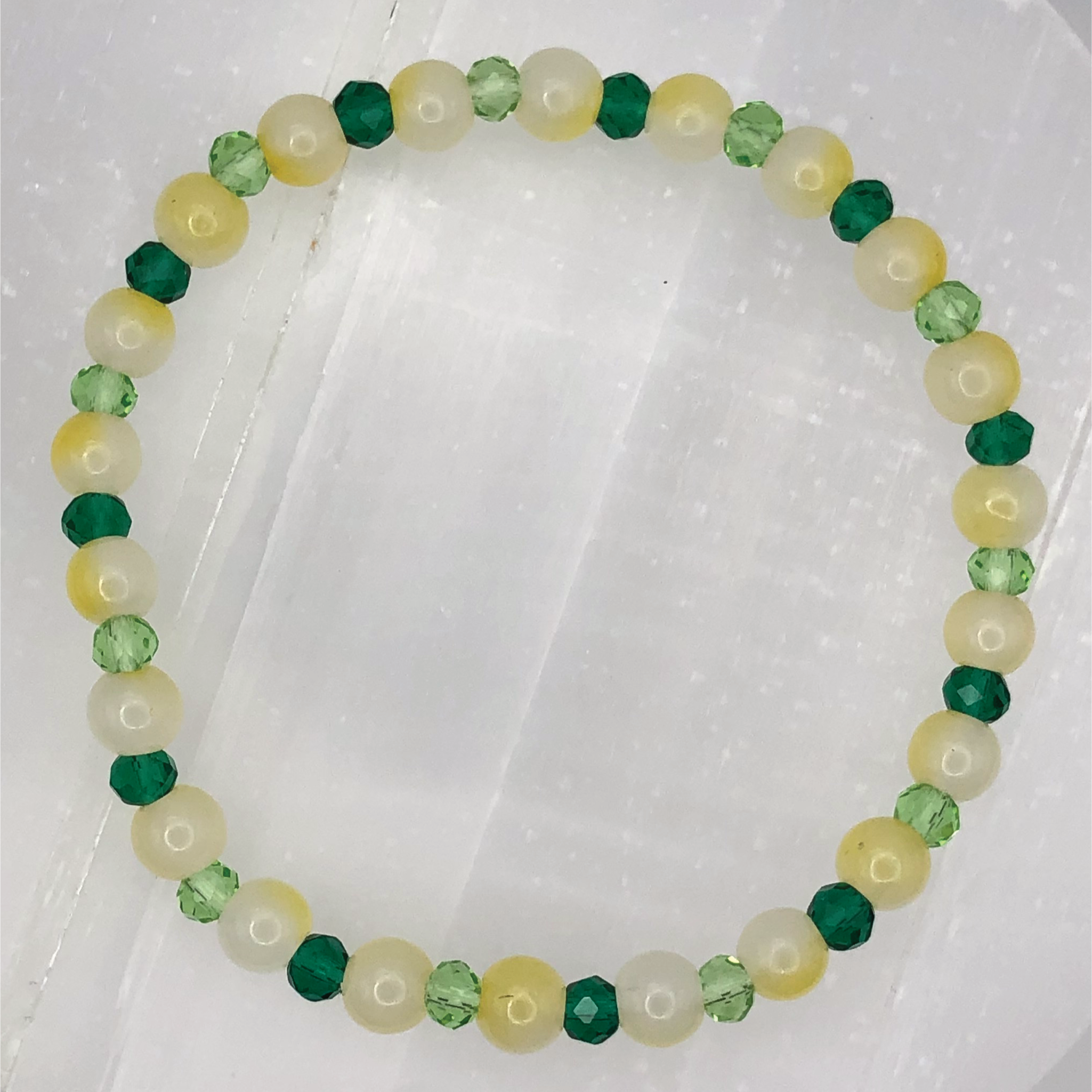 Cloudy Yellow Glass Bracelet with Tiny Green Crystal Spacers