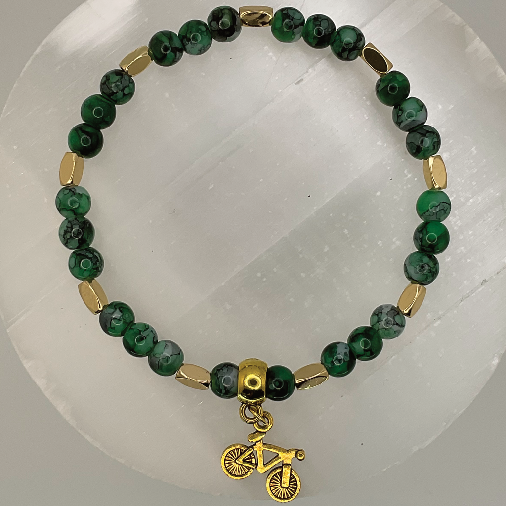 Malachite Bicycle Charm Bracelet with Gold Disc Spacers