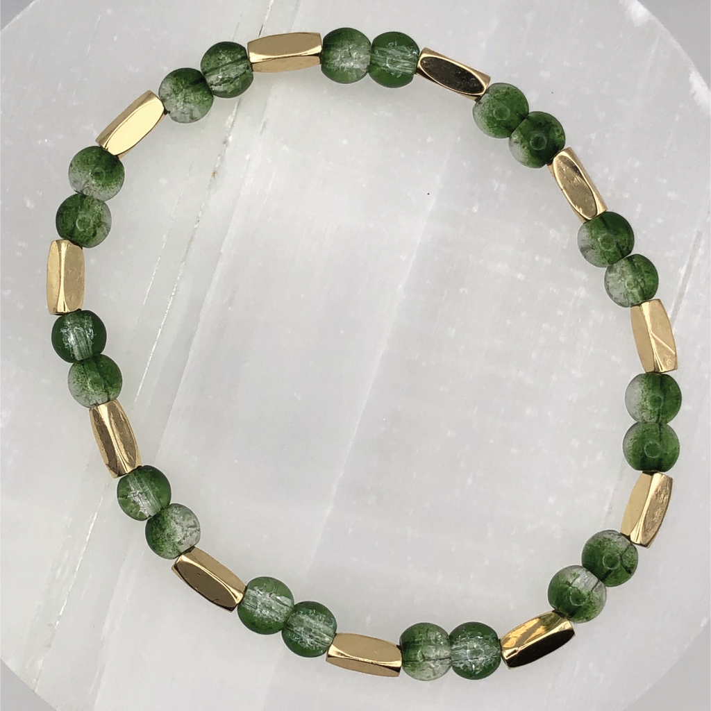 Green Glass Bracelet with Long Gold Spacers