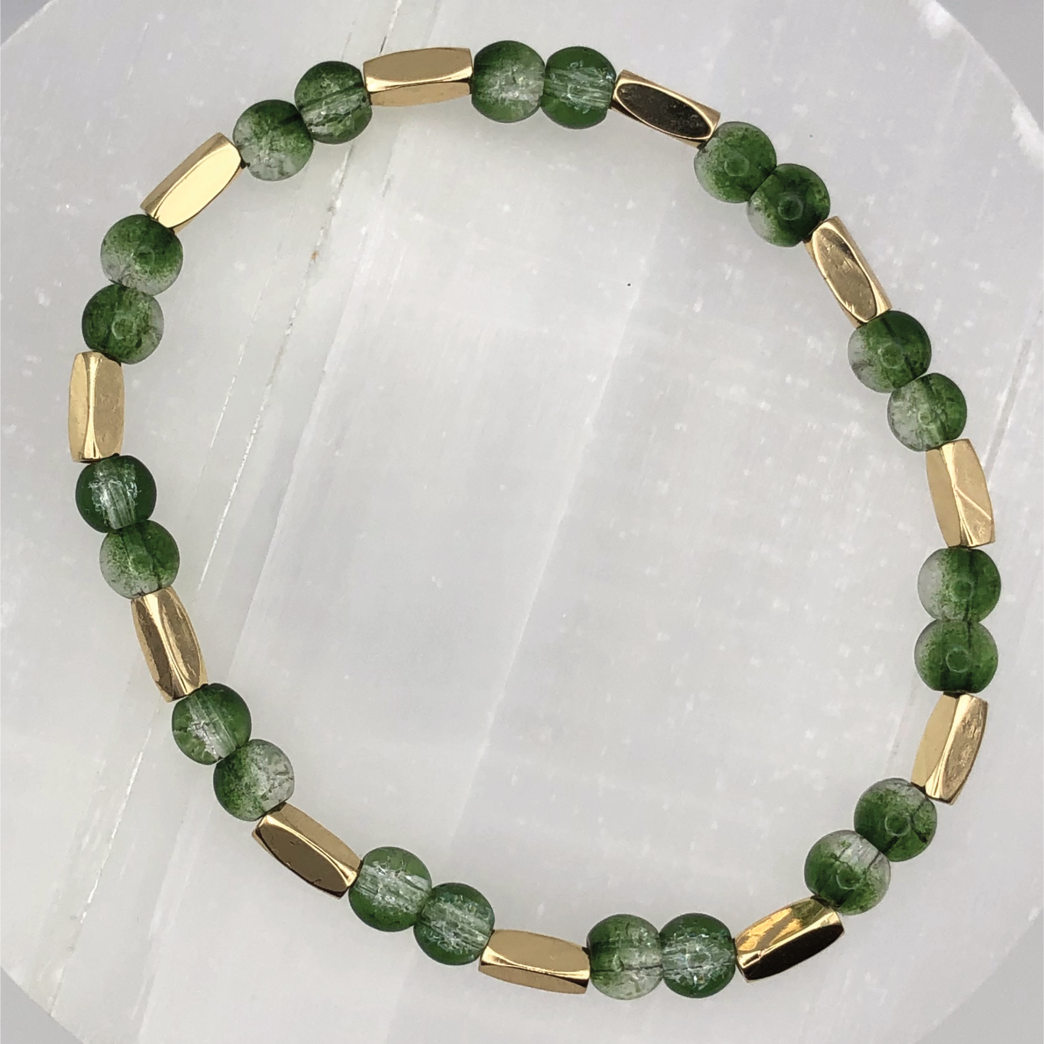 Green Glass Bracelet with Long Gold Spacers