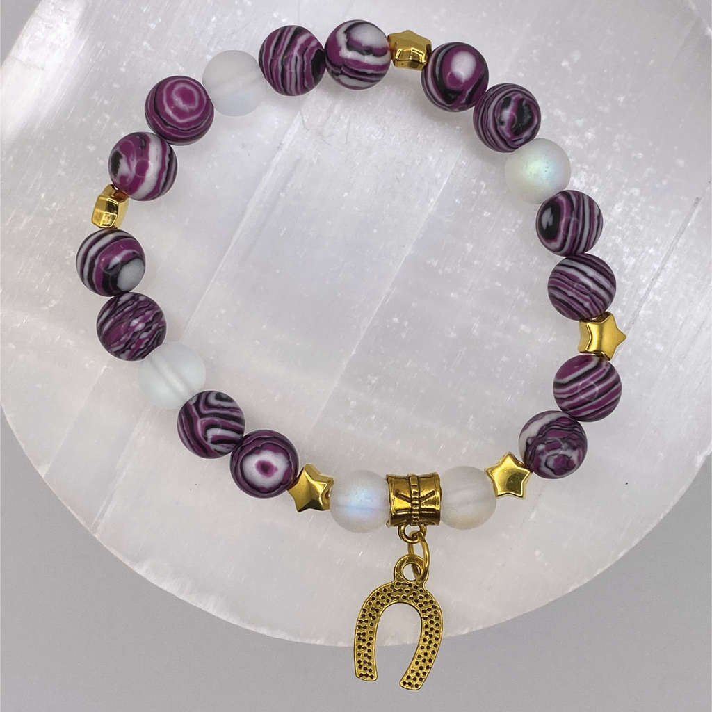 Chevron Amethyst Cloudy Sea Glass Horseshoe Charm Bracelet with Gold Star Spacers