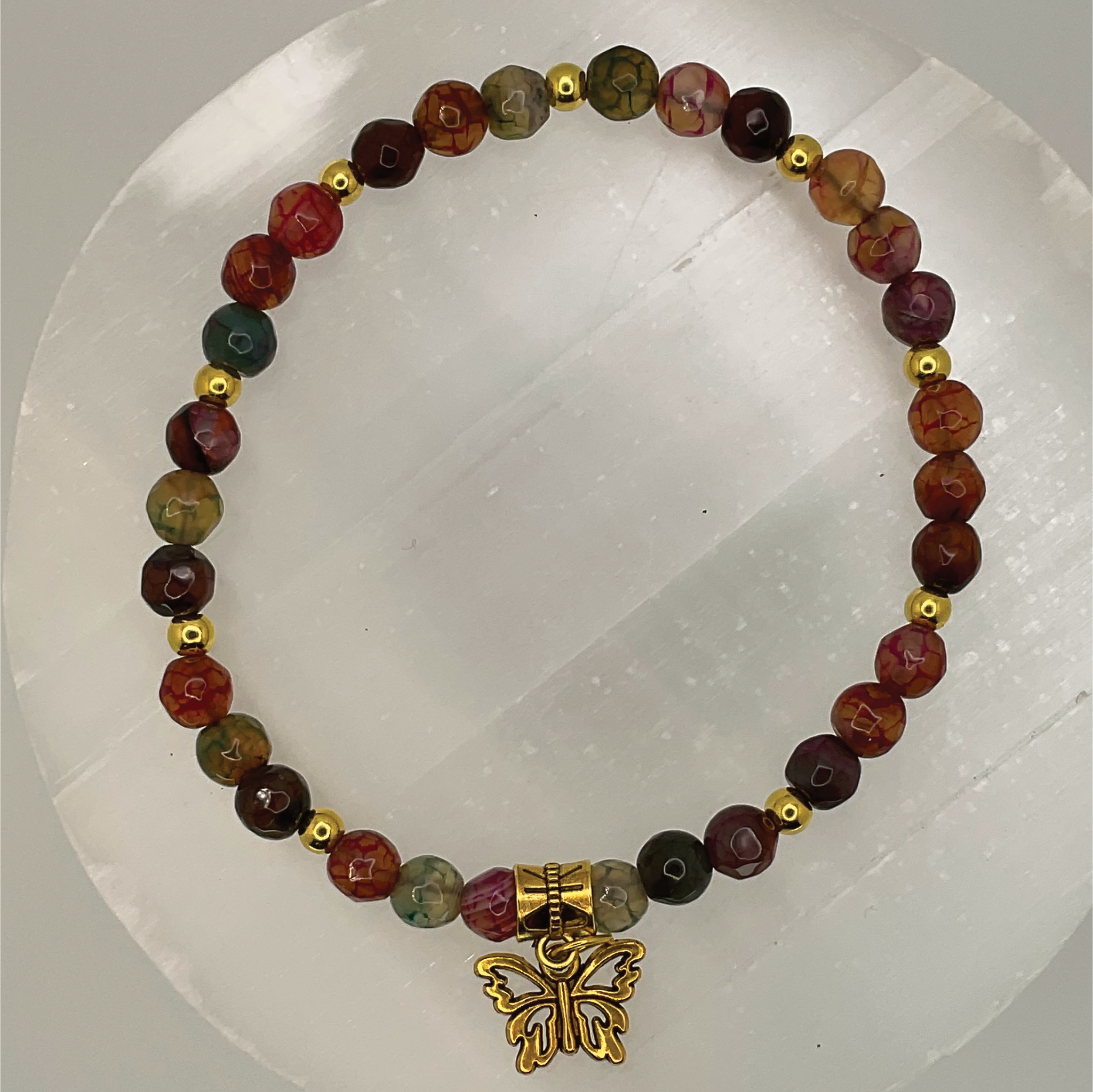 Carnelian Agate Butterfly Charm Bracelet with Gold Spacers