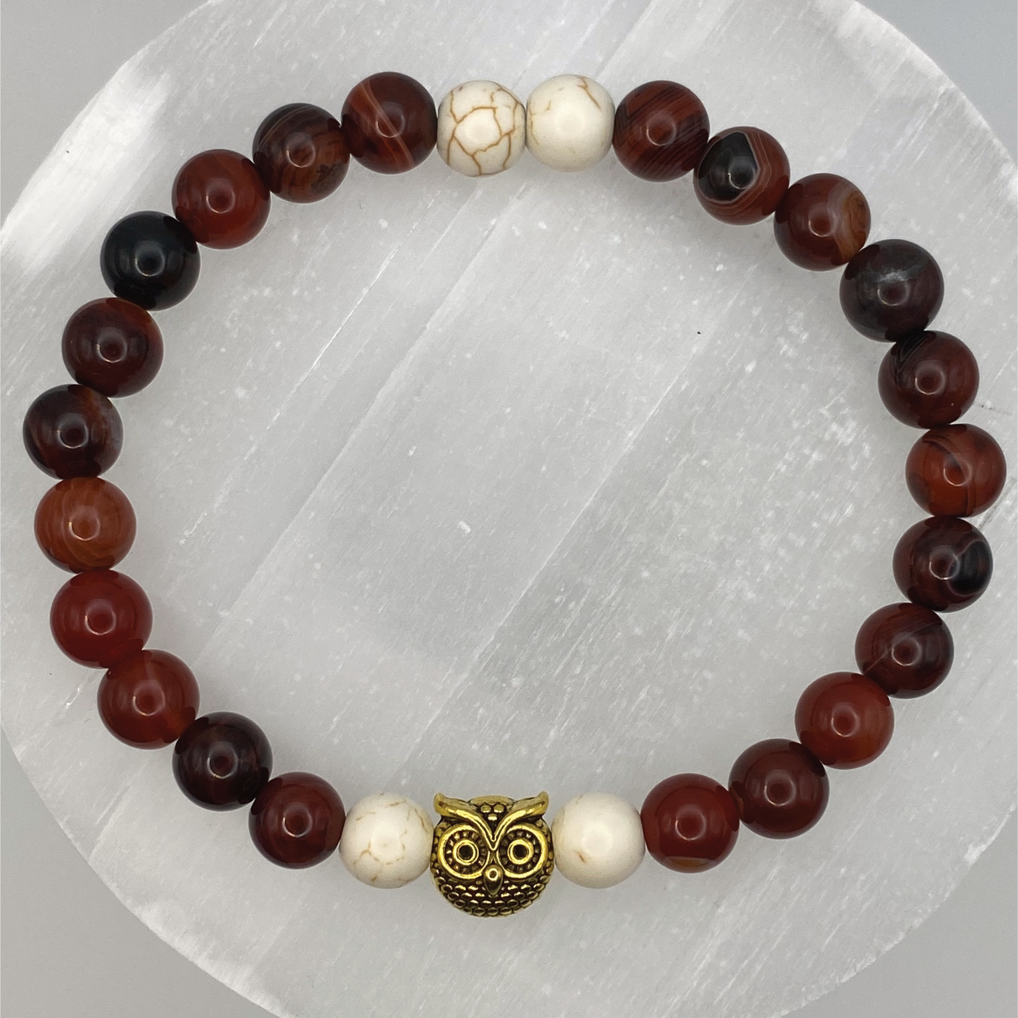 Carnelian Agate Magnesite Owl Charm Bracelet