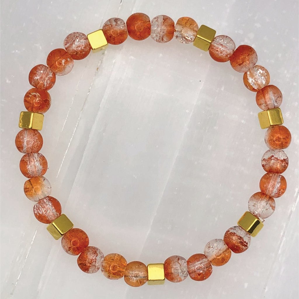 Orange Crackle Glass Bracelet with Square Gold Spacers