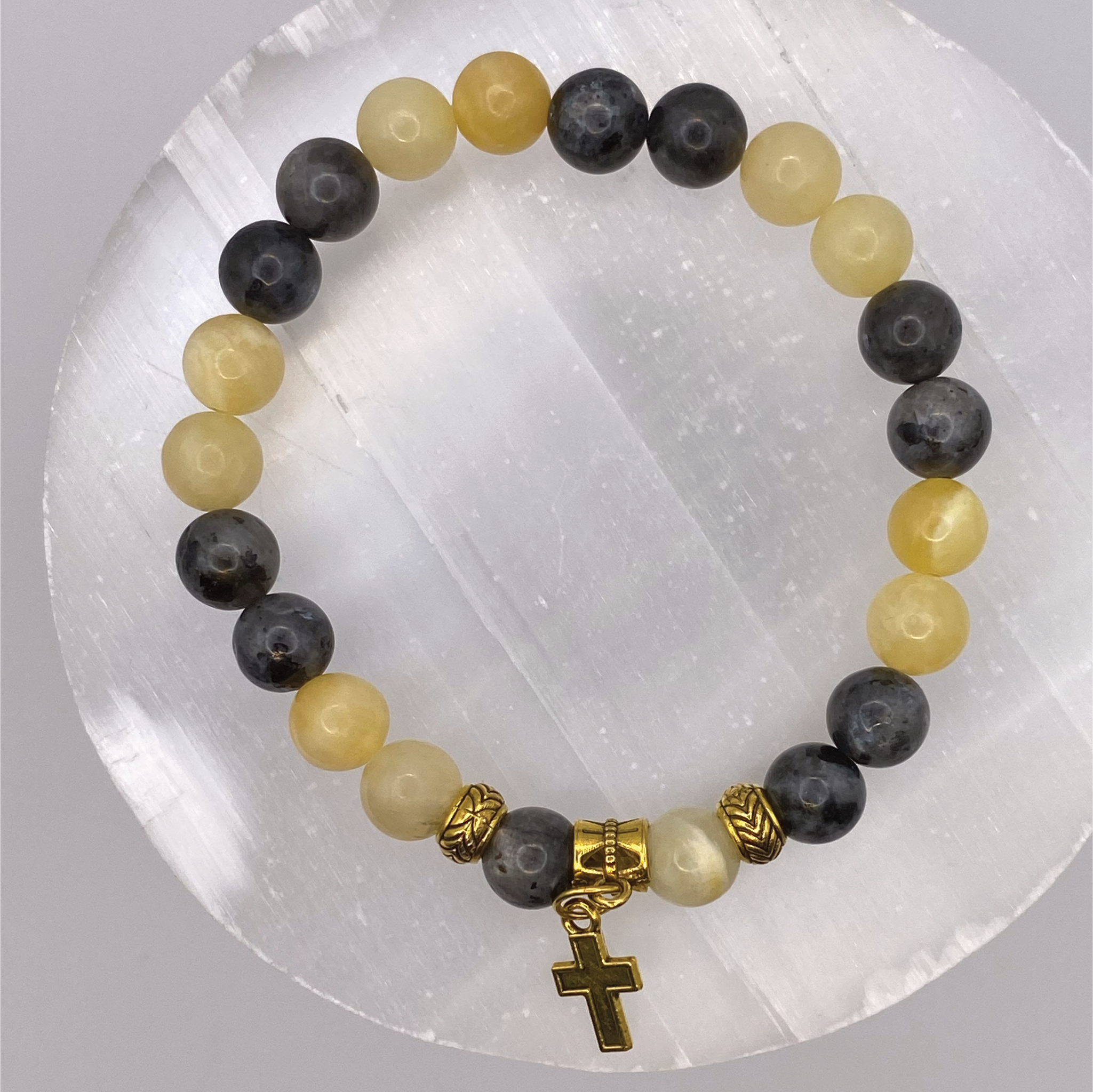 Serpentine Sodalite Cross Charm Bracelet with Gold Tone Spacers