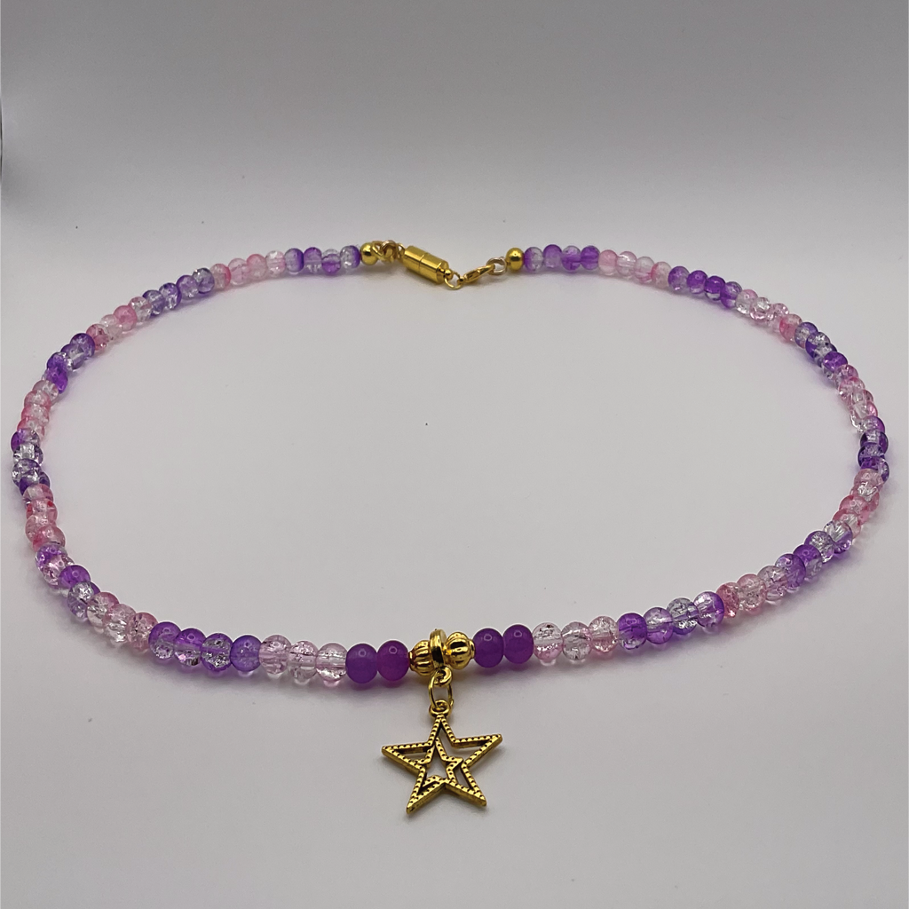 22" Pink Purple Clear Crackle Gold Star Charm Glass Necklace
