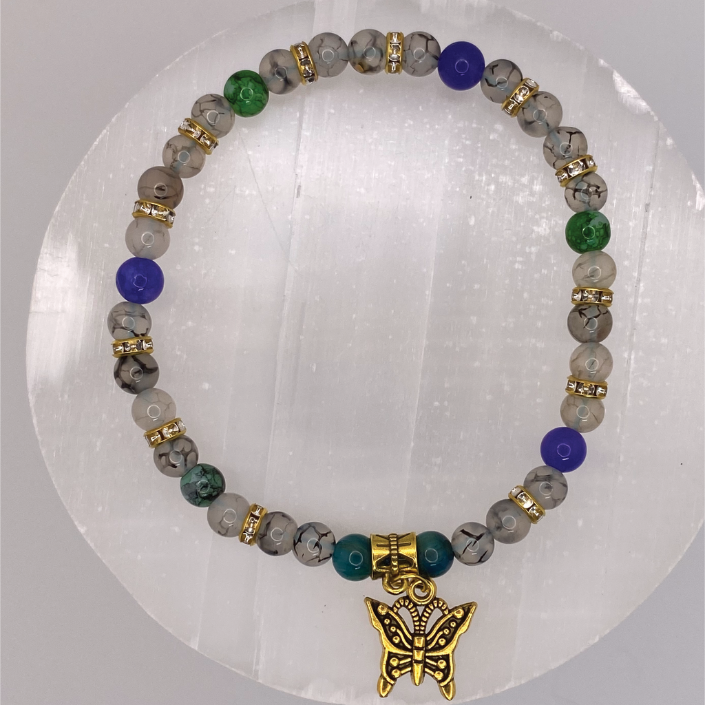 Blue Dragon Vein Jadite Clear Dragon Vein Butterfly Charm Bracelet with Gold Crystal Spacers