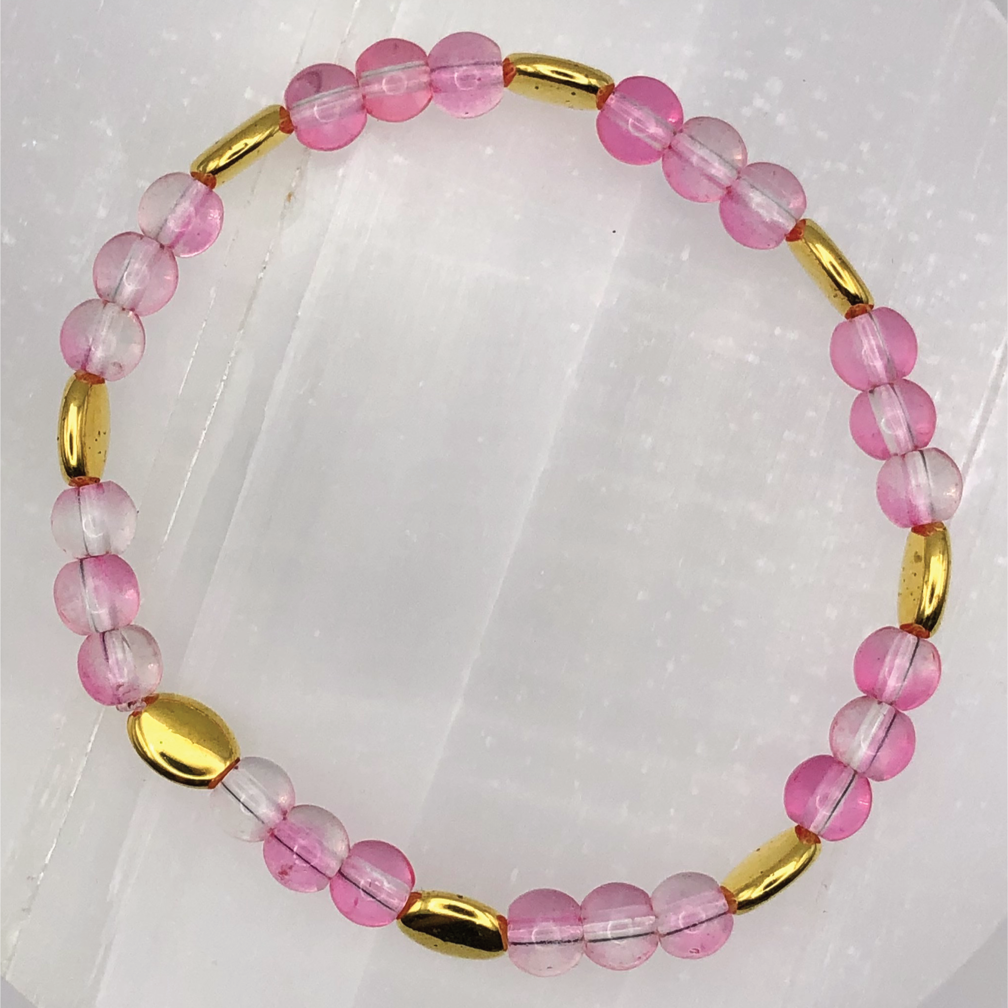 Pink Clear Glass Bracelet with Gold Disc Spacers