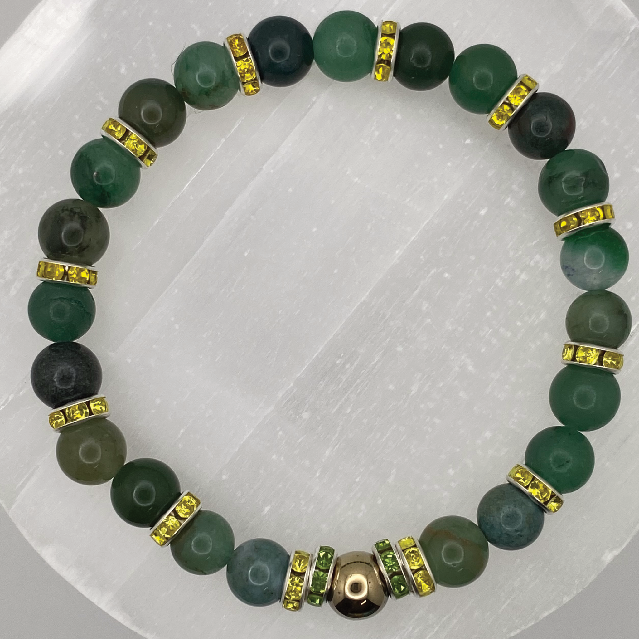 Pulsera de Aventurina Verde y Hematita con Espaciadores de Cristal Verdes, Amarillos y Plateados