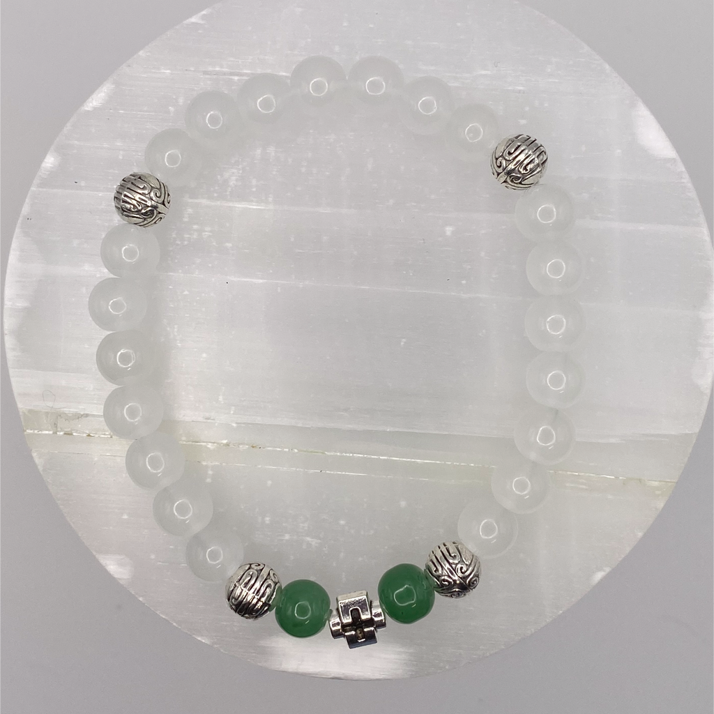 White Green Silver Charm Glass Bracelet with Silver Spacers