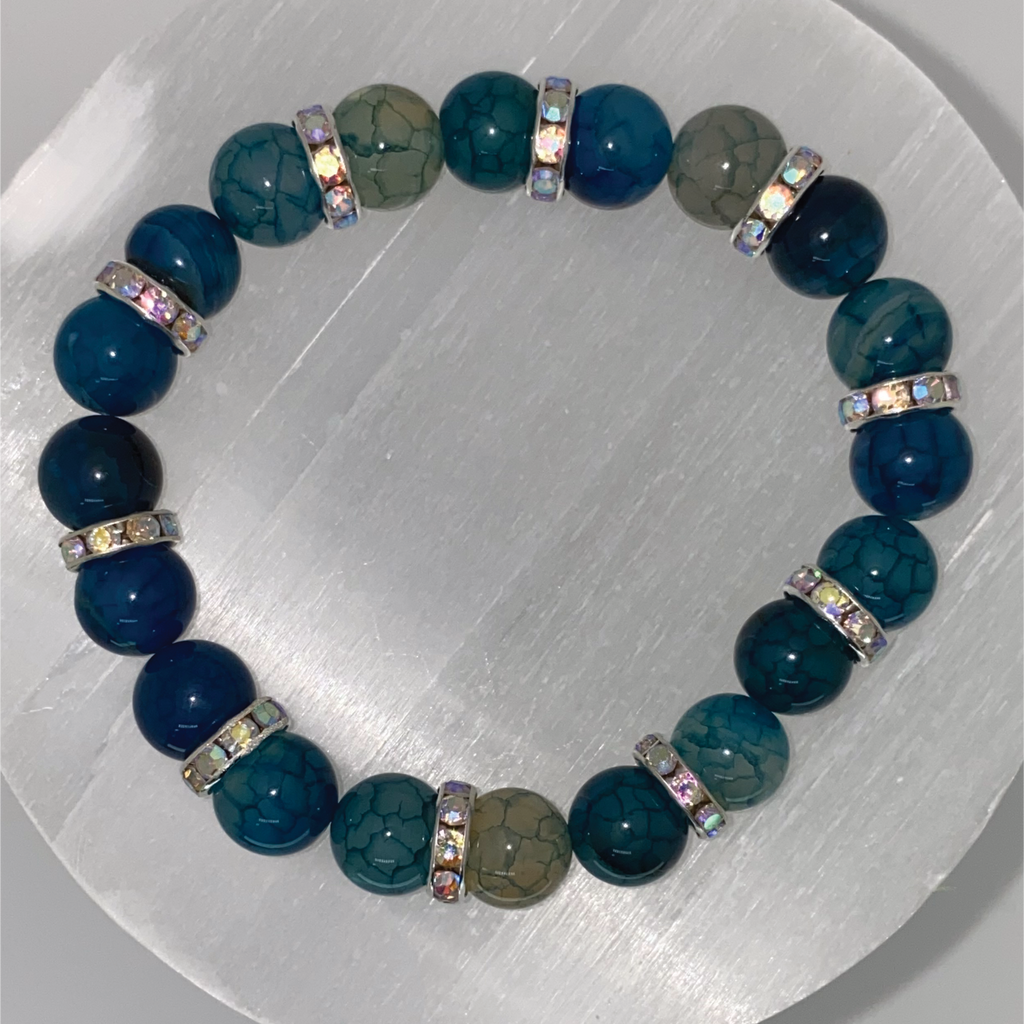 Blue Dragon Agate Bracelet with Silver White Crystal Spacers