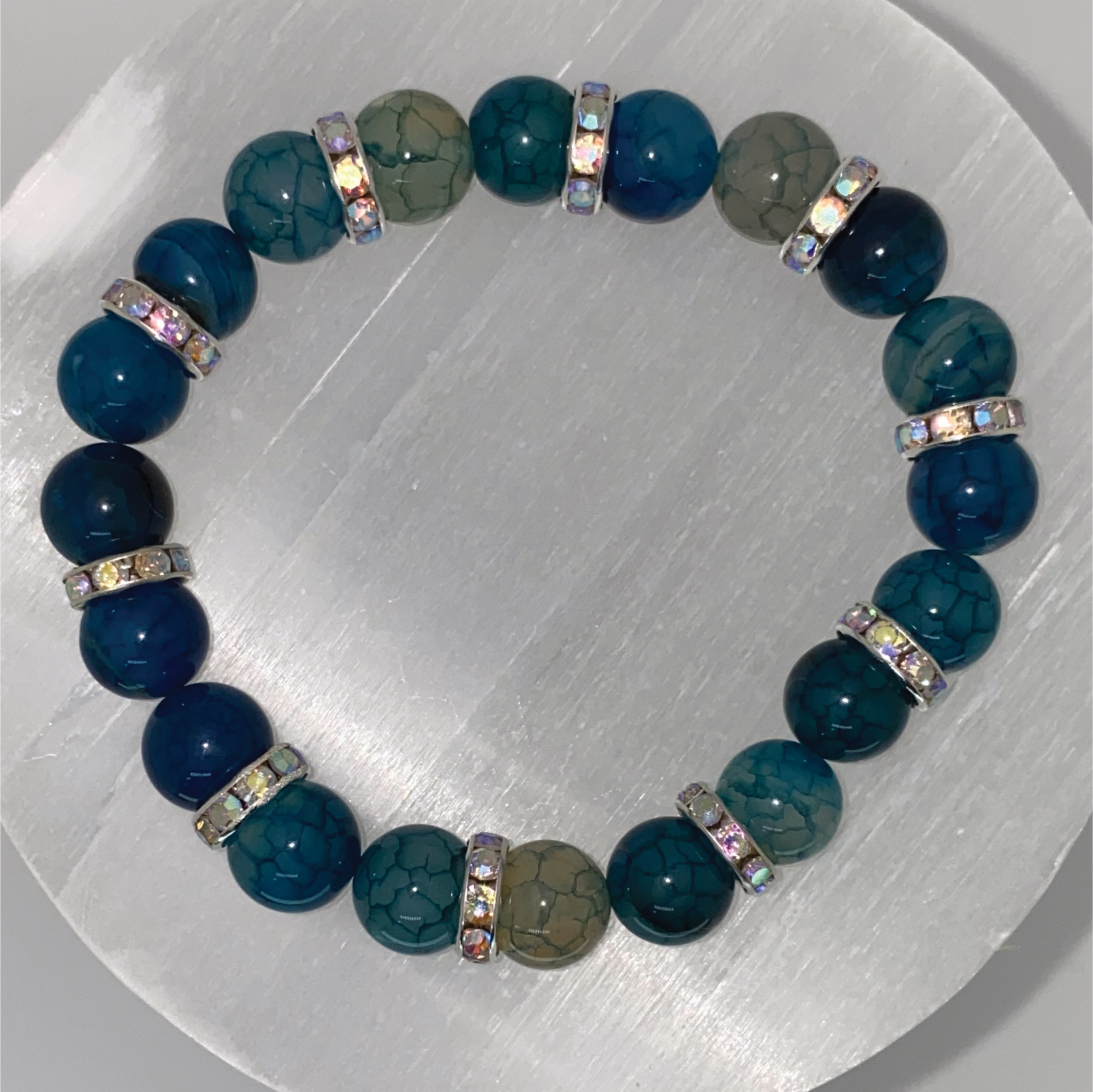 Pulsera de Ágata Dragón Azul con Separadores de Cristal Blanco Plateado