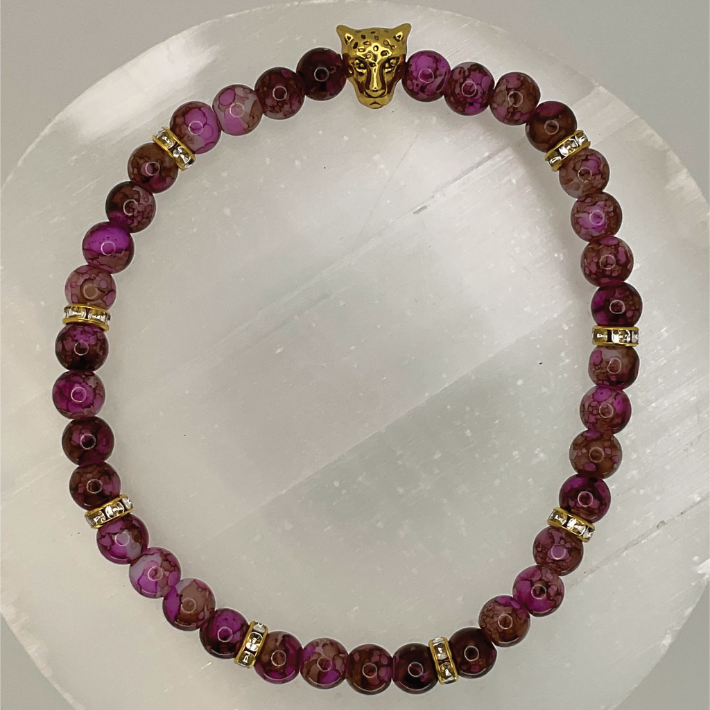 Magenta Dragon Vein Agate Jaguar Charm Bracelet with Gold Crystal Spacers