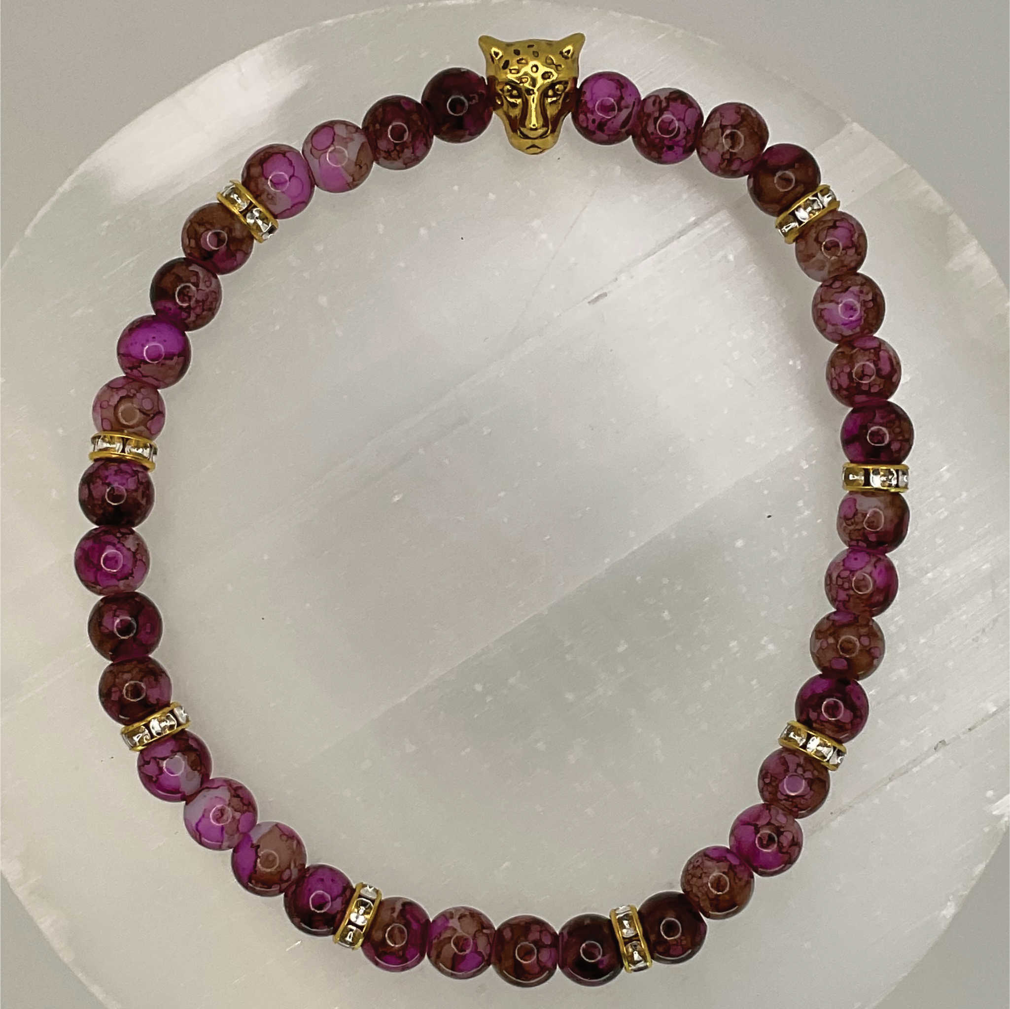 Magenta Dragon Vein Agate Jaguar Charm Bracelet with Gold Crystal Spacers