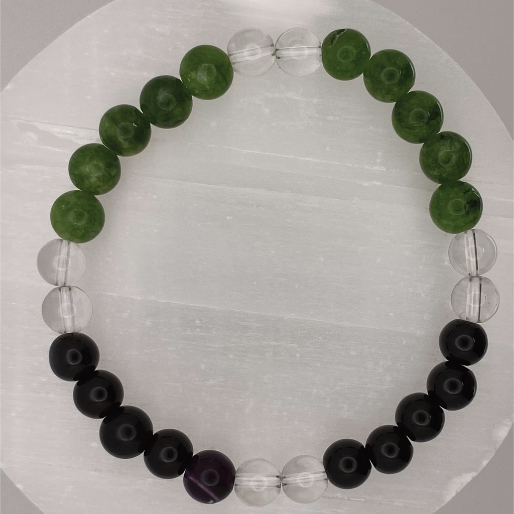Pulsera de peridoto, ágata negra y cuarzo transparente