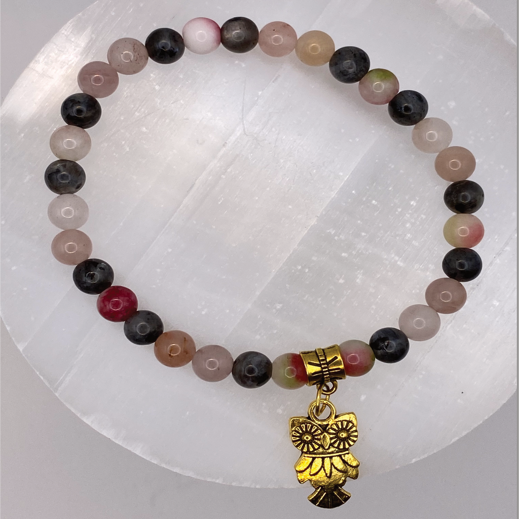 Opal Amethyst Milky Quartz Owl Charm Bracelet