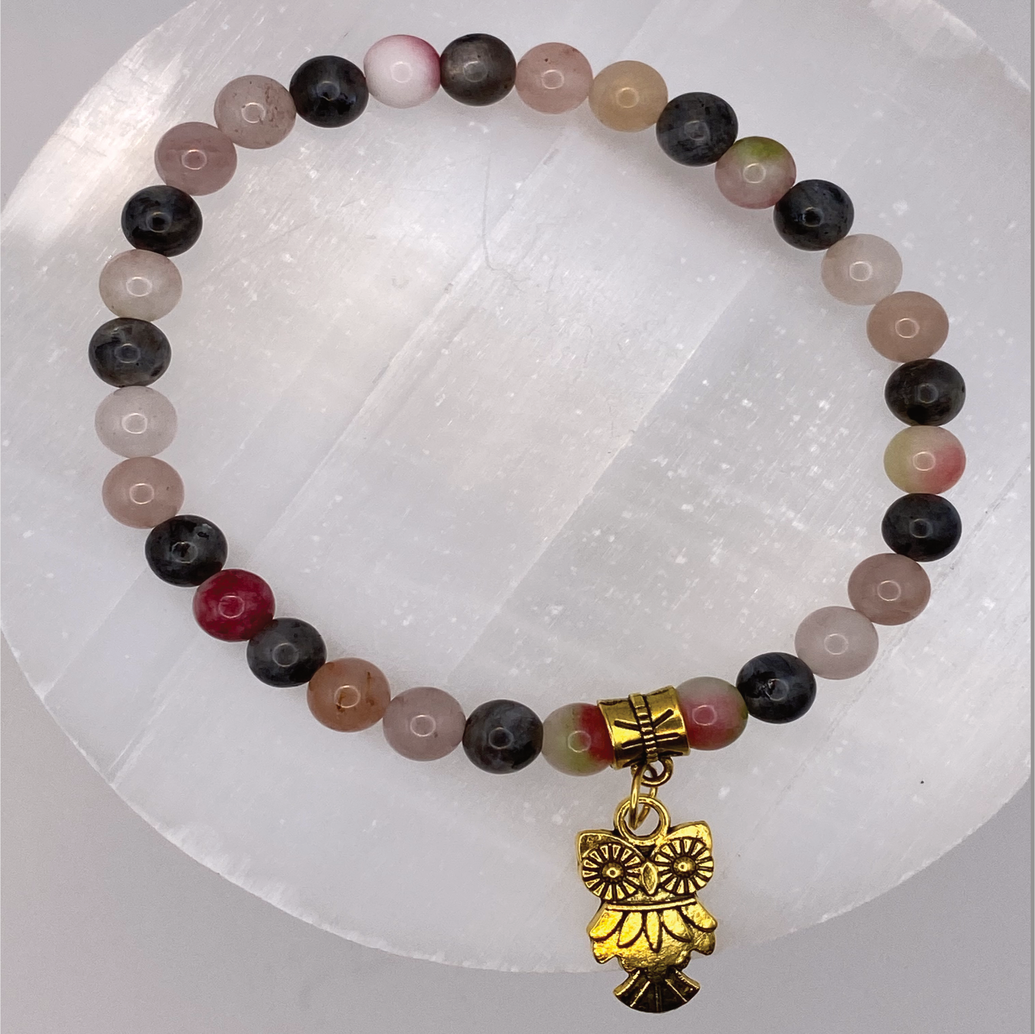 Opal Amethyst Milky Quartz Owl Charm Bracelet