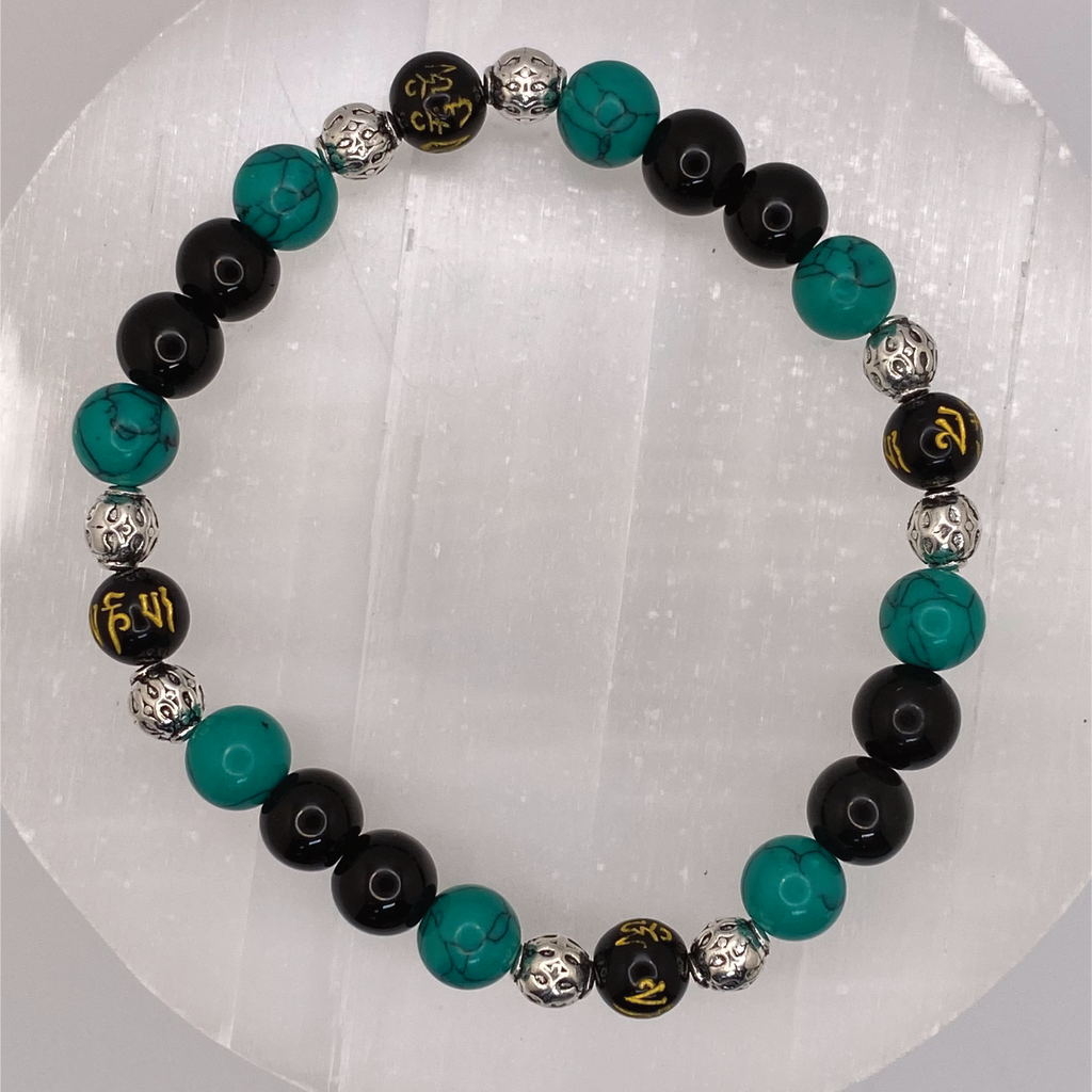 Green Howlite Black Agate Black Pixiu Bracelet with Silver Spacers