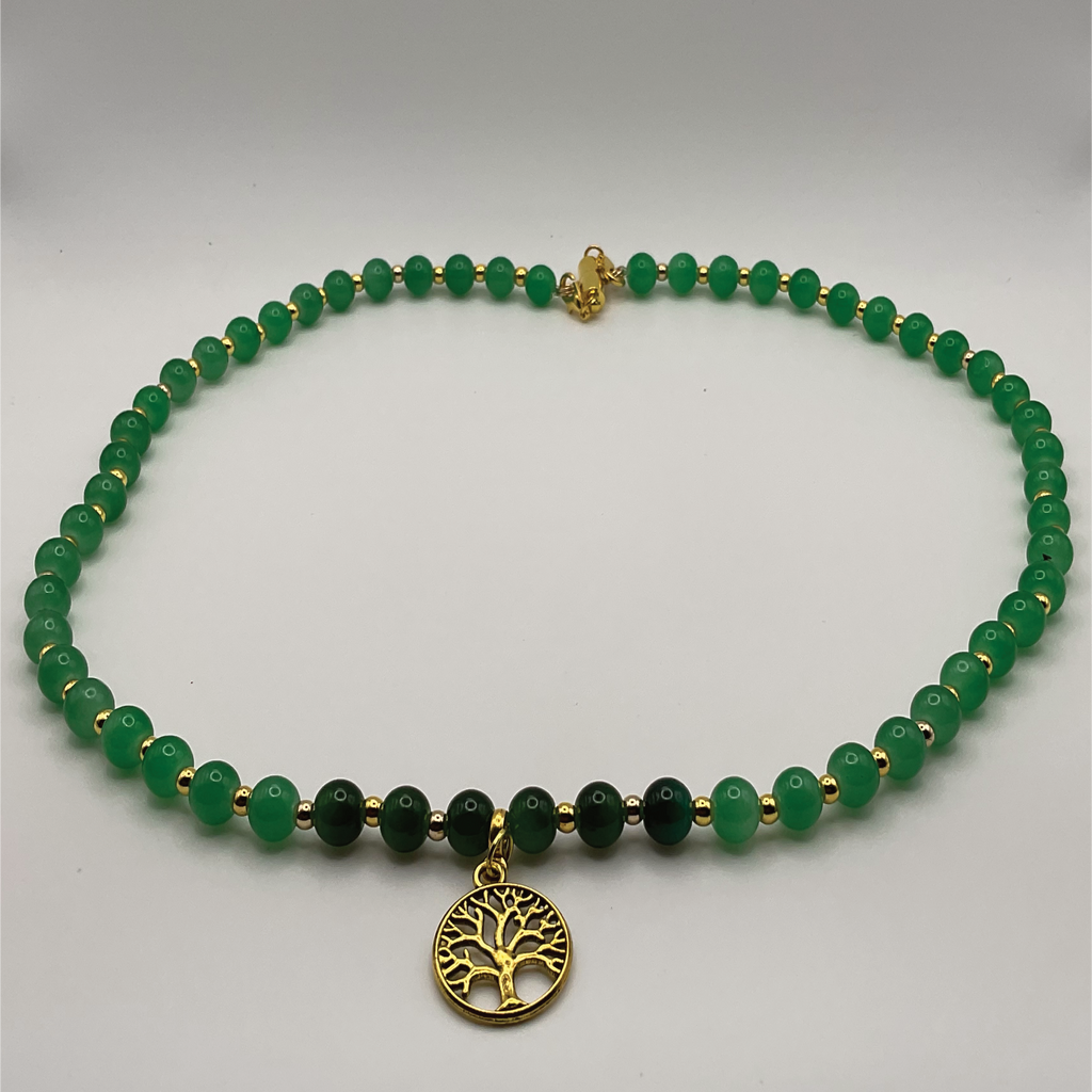 22" Multi-Green Tree of Life Charm Glass Necklace