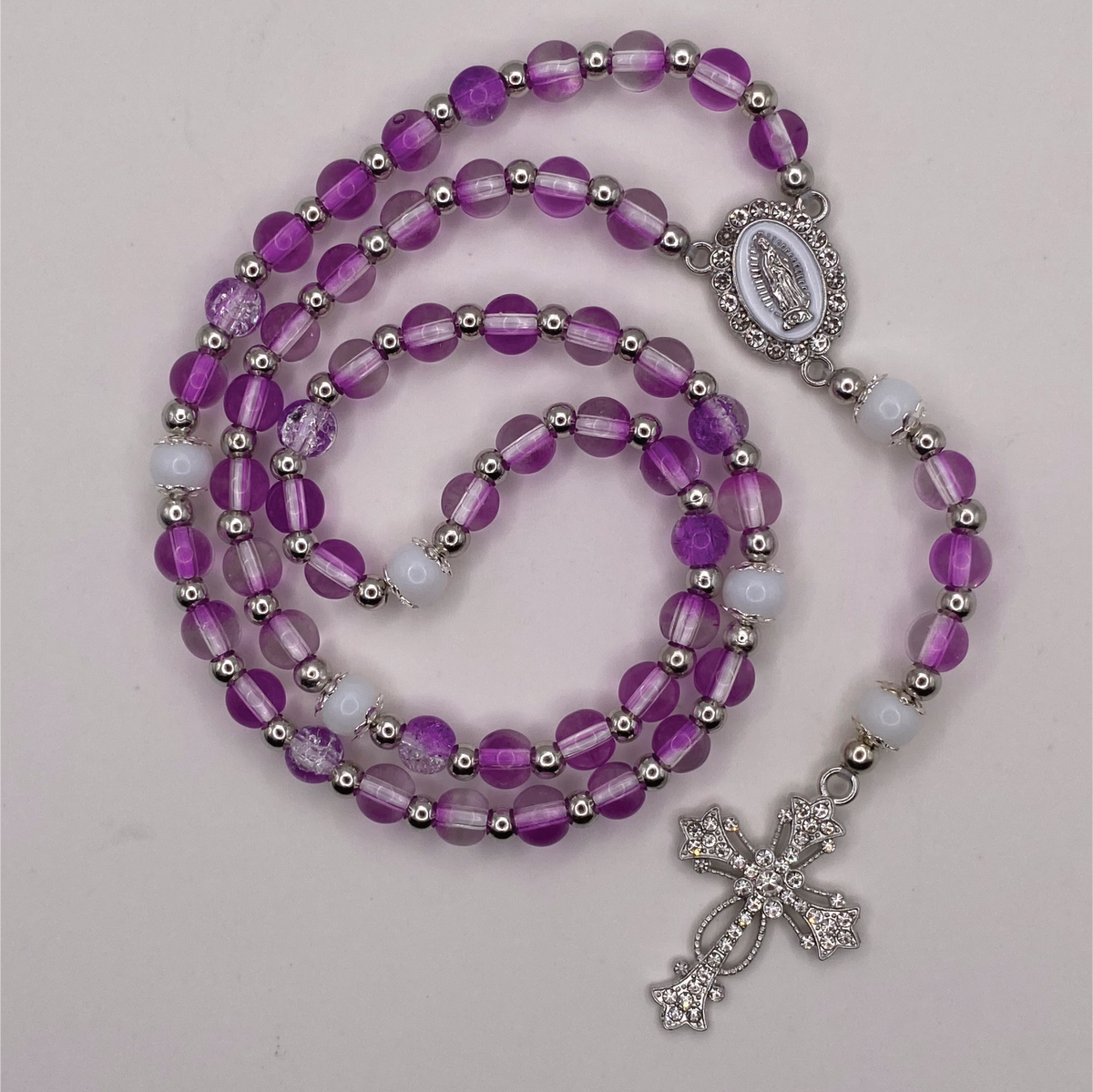 Purple White Small Full 5 Decade Silver Rosary