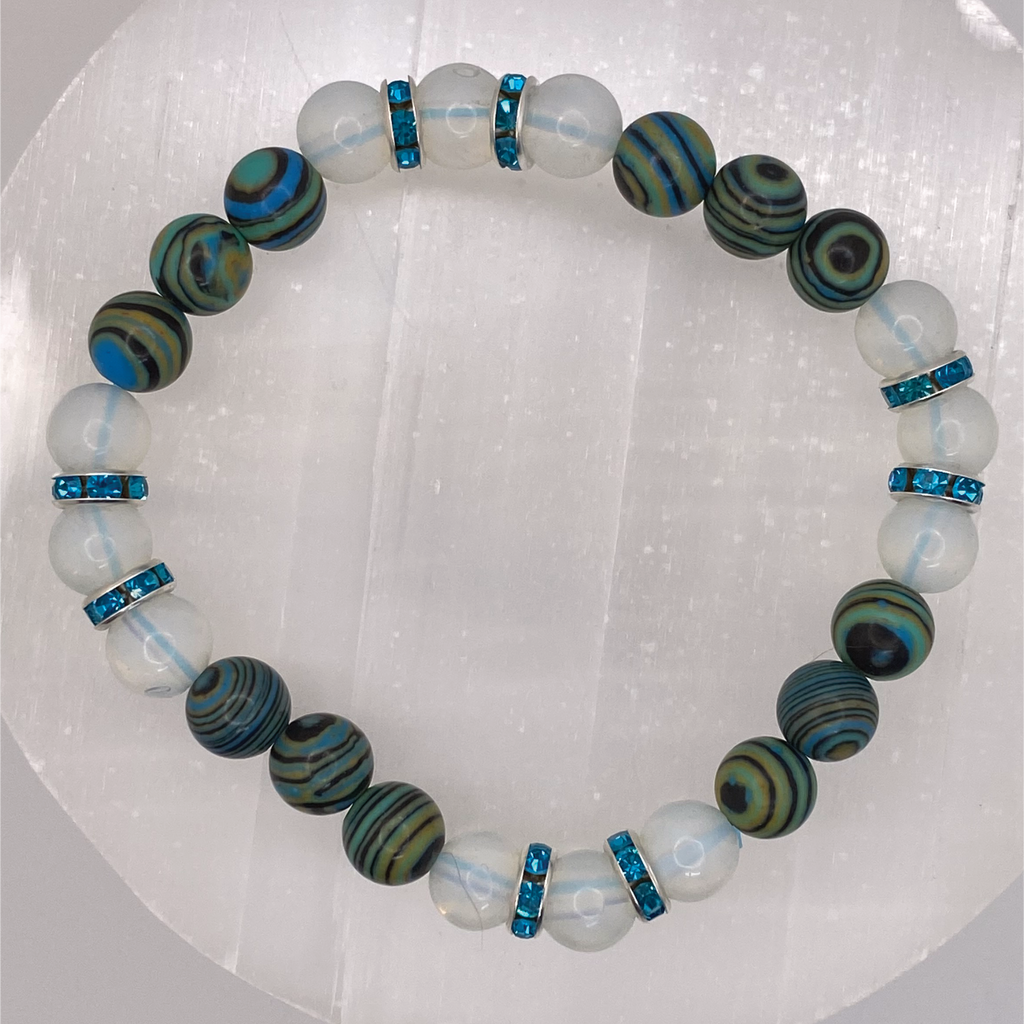 Opalite Calsilica Bracelet with Silver Blue Crystal Spacers
