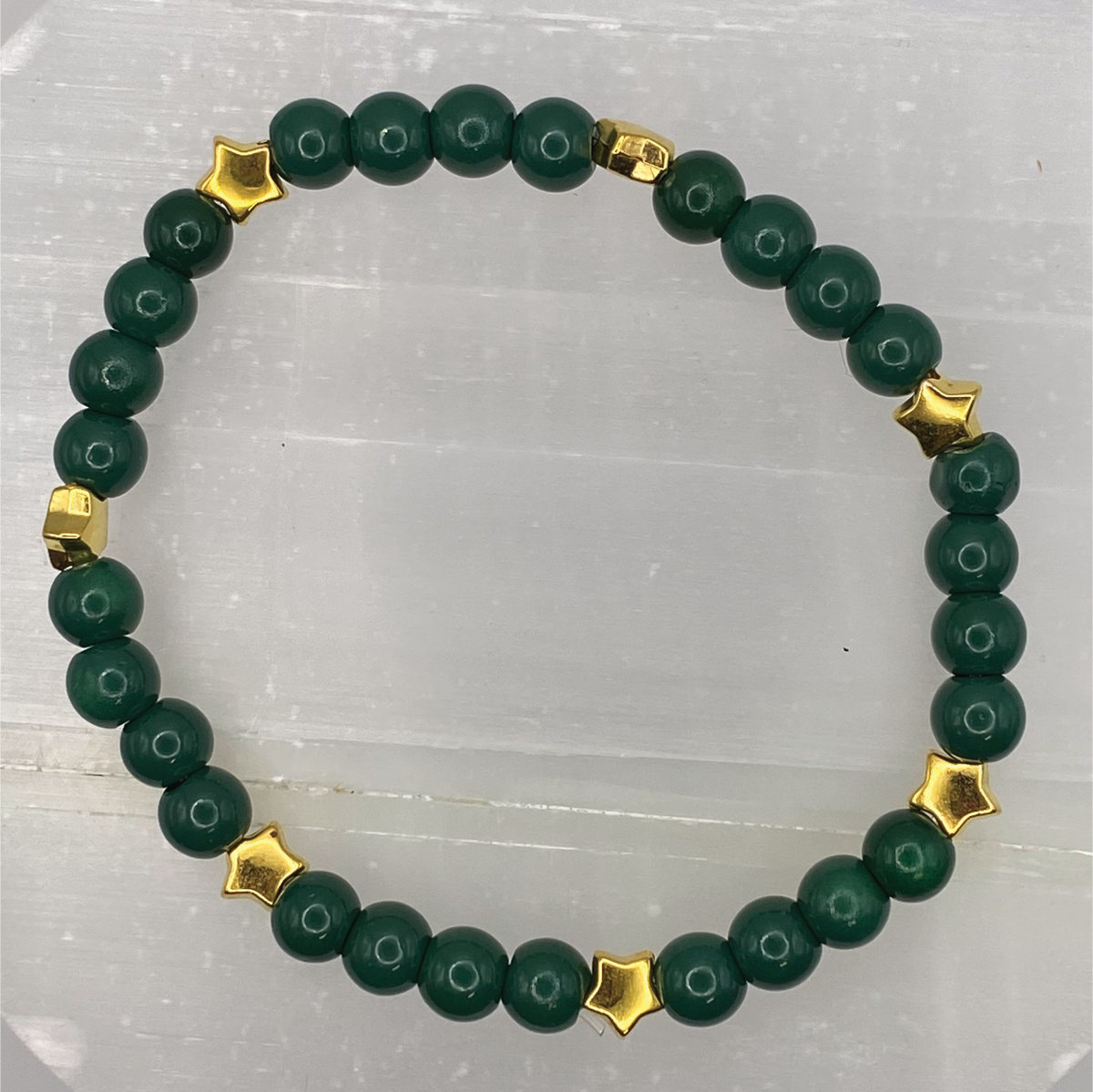 Dark Green Glass Bracelet with Gold Star Spacers