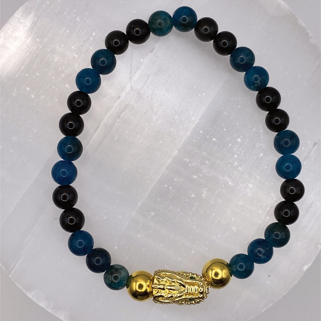 Blue Apatite Black Agate Dragon Charm Bracelet with Gold Tone Spacers