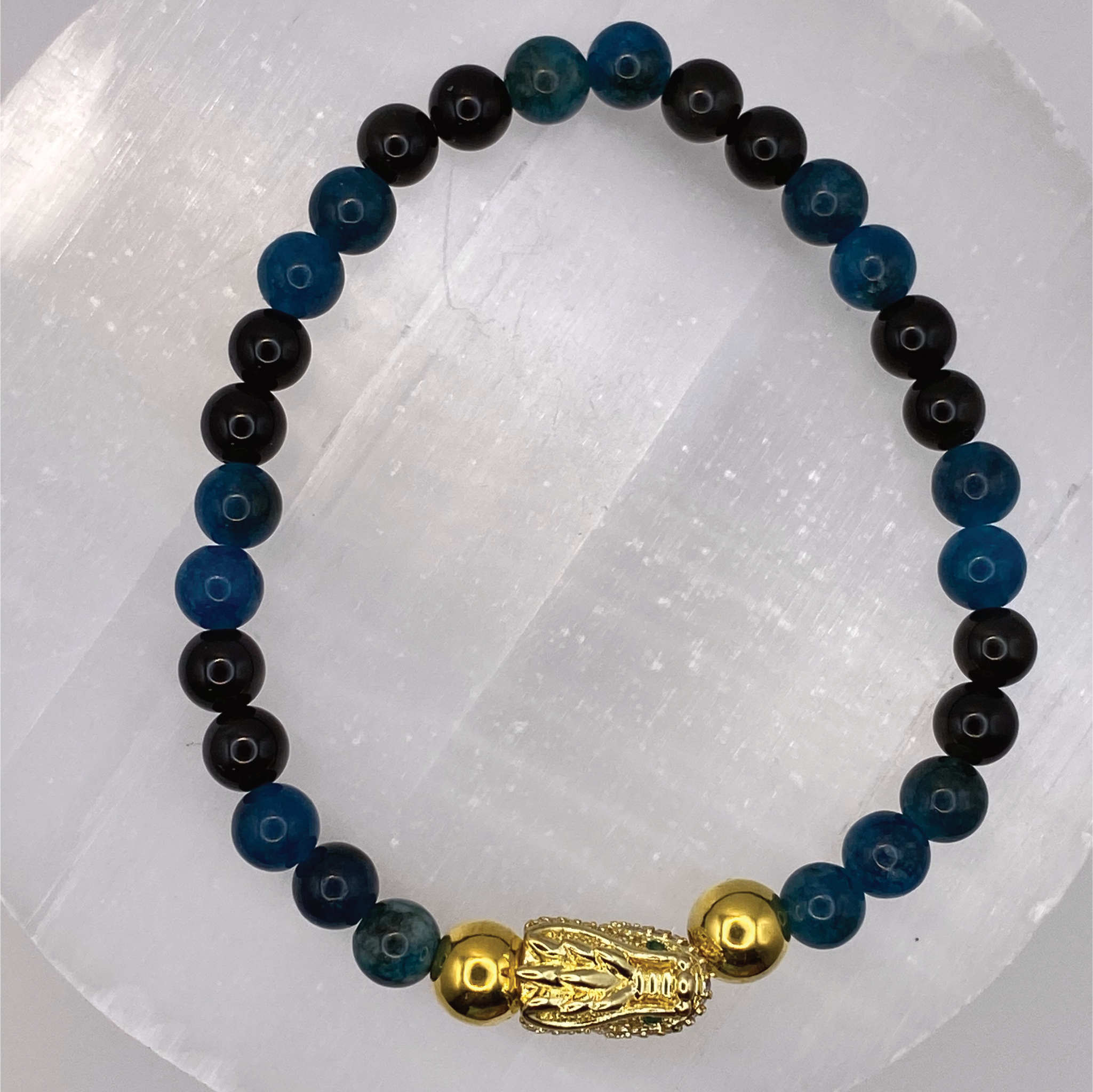 Blue Apatite Black Agate Dragon Charm Bracelet with Gold Tone Spacers