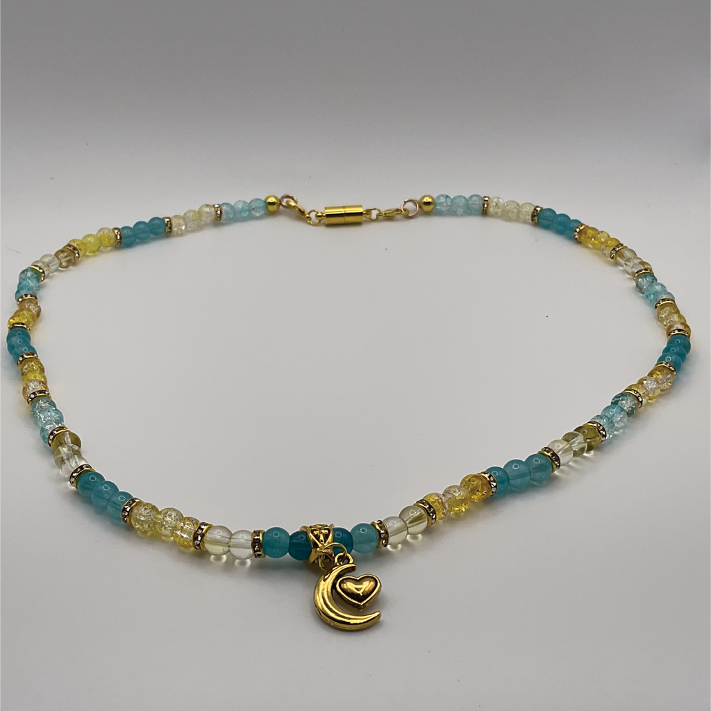 20" Crackle Blue Yellow Clear Glass Necklace with Gold Moon Heart Charm