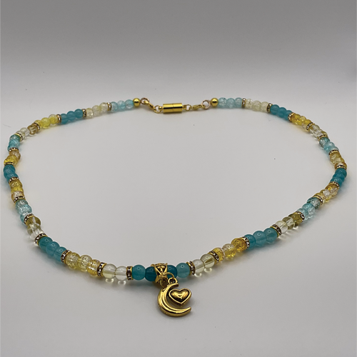 20" Crackle Blue Yellow Clear Glass Necklace with Gold Moon Heart Charm