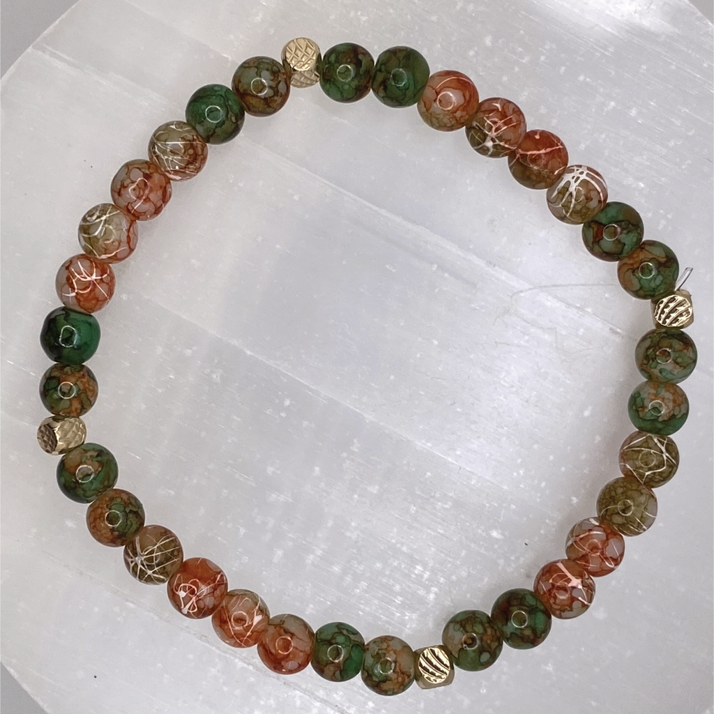 Carnelian Agate Green Dragon Agate Bracelet with Gold Spacers