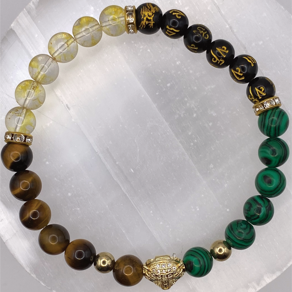 Malacite Tiger's Eye Citrine Black Pixiu Panther Charm Bracelet with Gold Tone and Crystal Spacers