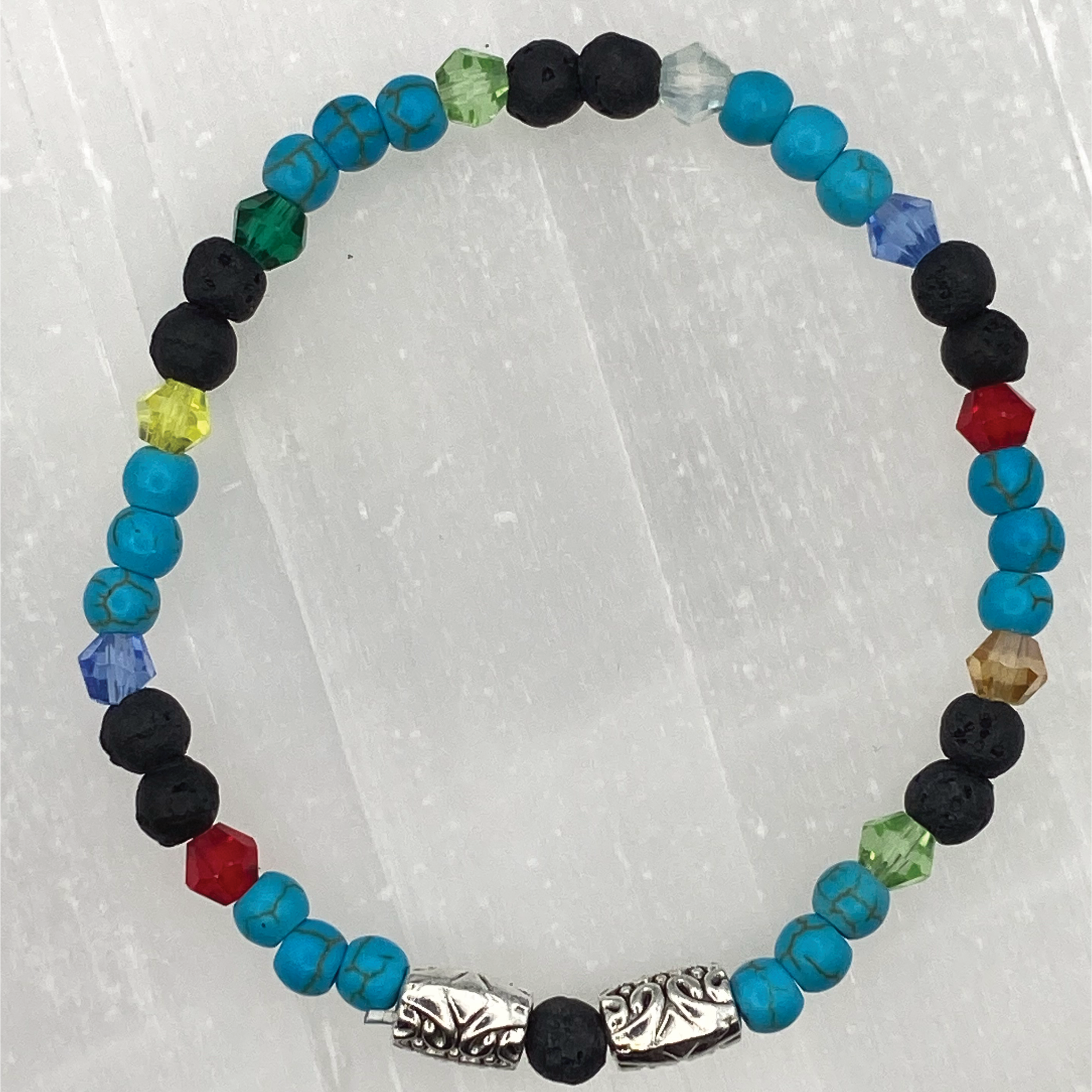 14.5 cm (5.7") Blue Howlite Black Agate Silver Barrel Bracelet with Multi Colored Crystal Spacers