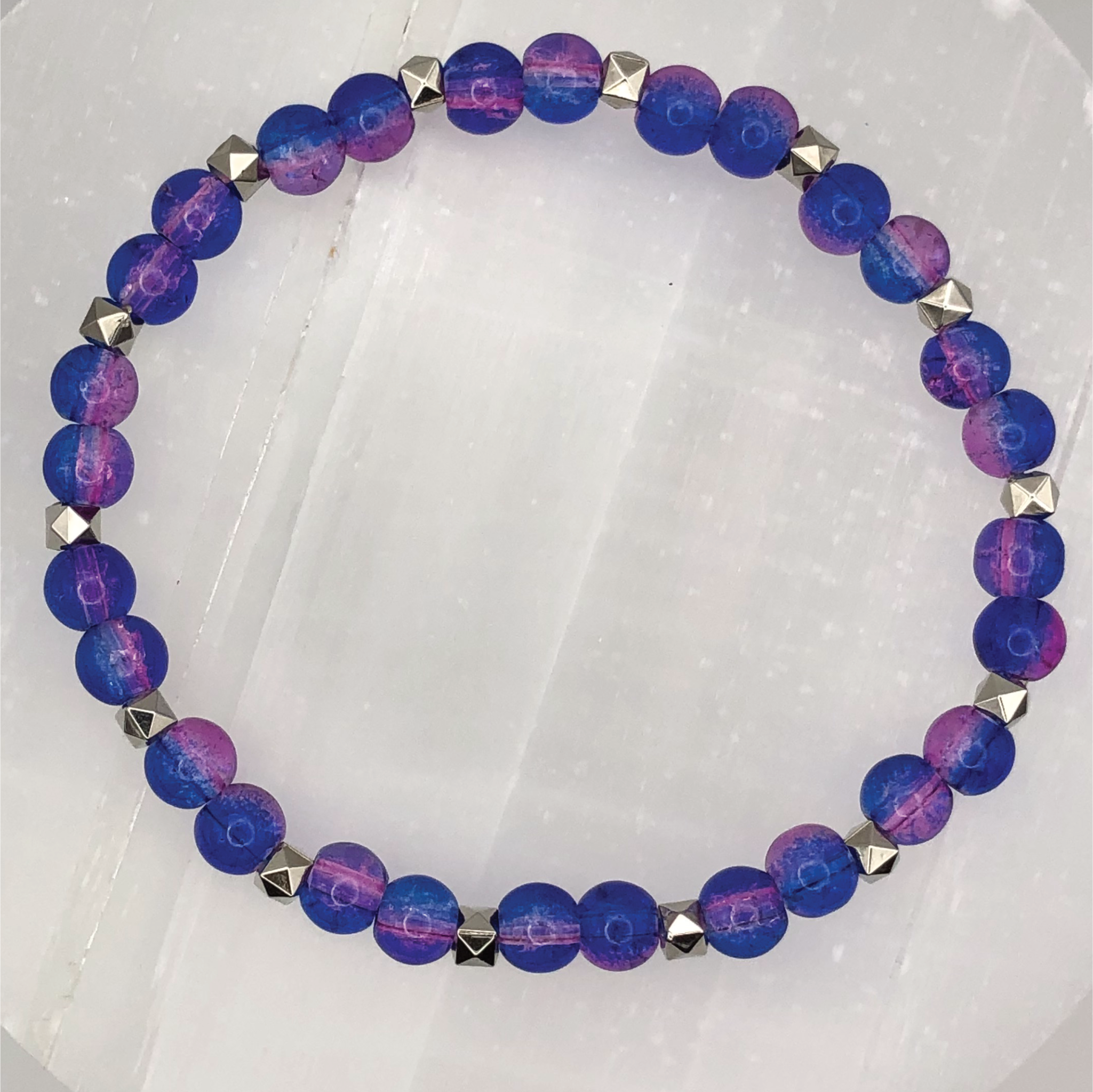 Blue Violet Glass Bracelet with Silver Spacers