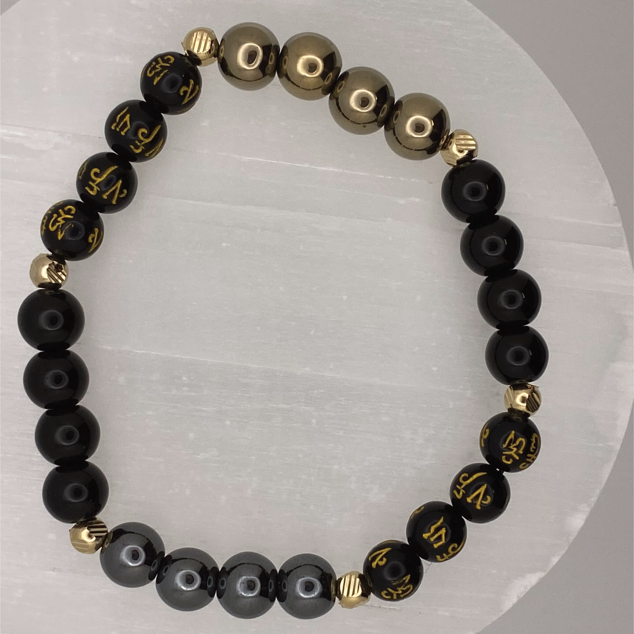Pulsera Pixiu de Ágata Negra, Hematita Dorada y Plateada, y Citrino con Separadores Dorados