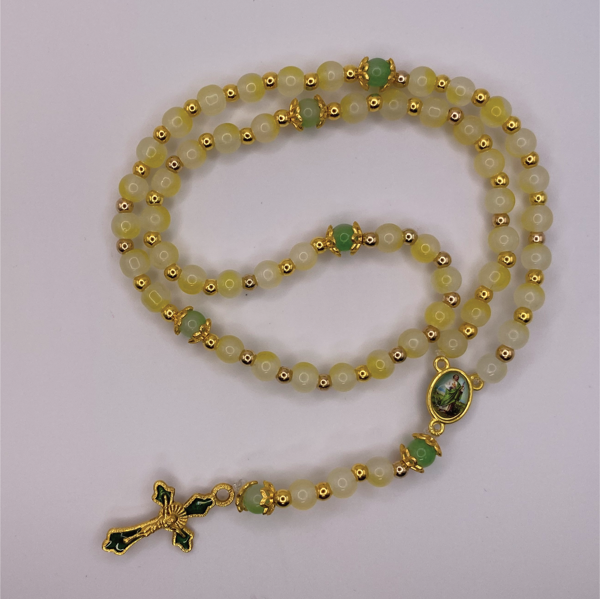 Light Yellow Green Small Full 5 Decade Gold Rosary