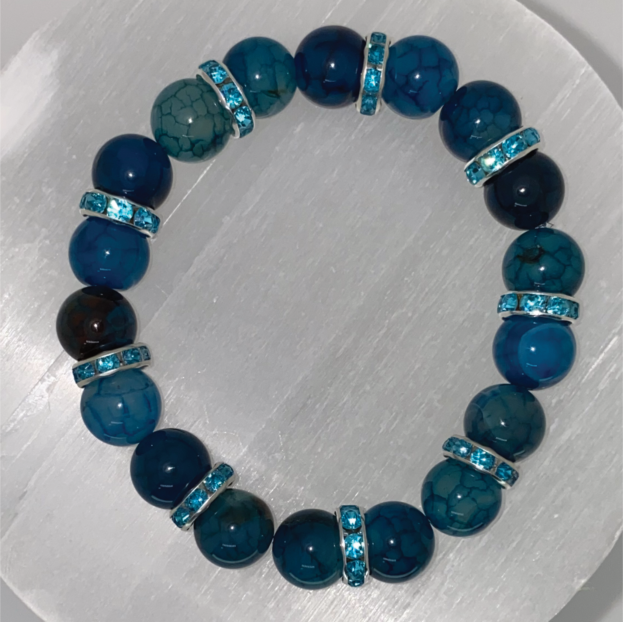 Pulsera de ágata Dragón Azul con separadores plateados de cristal azul