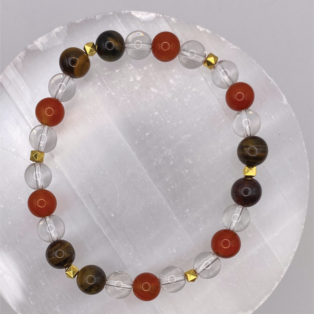 Carnelian Agate Tiger's Eye Clear Quartz Bracelet with Gold Tone Spacers