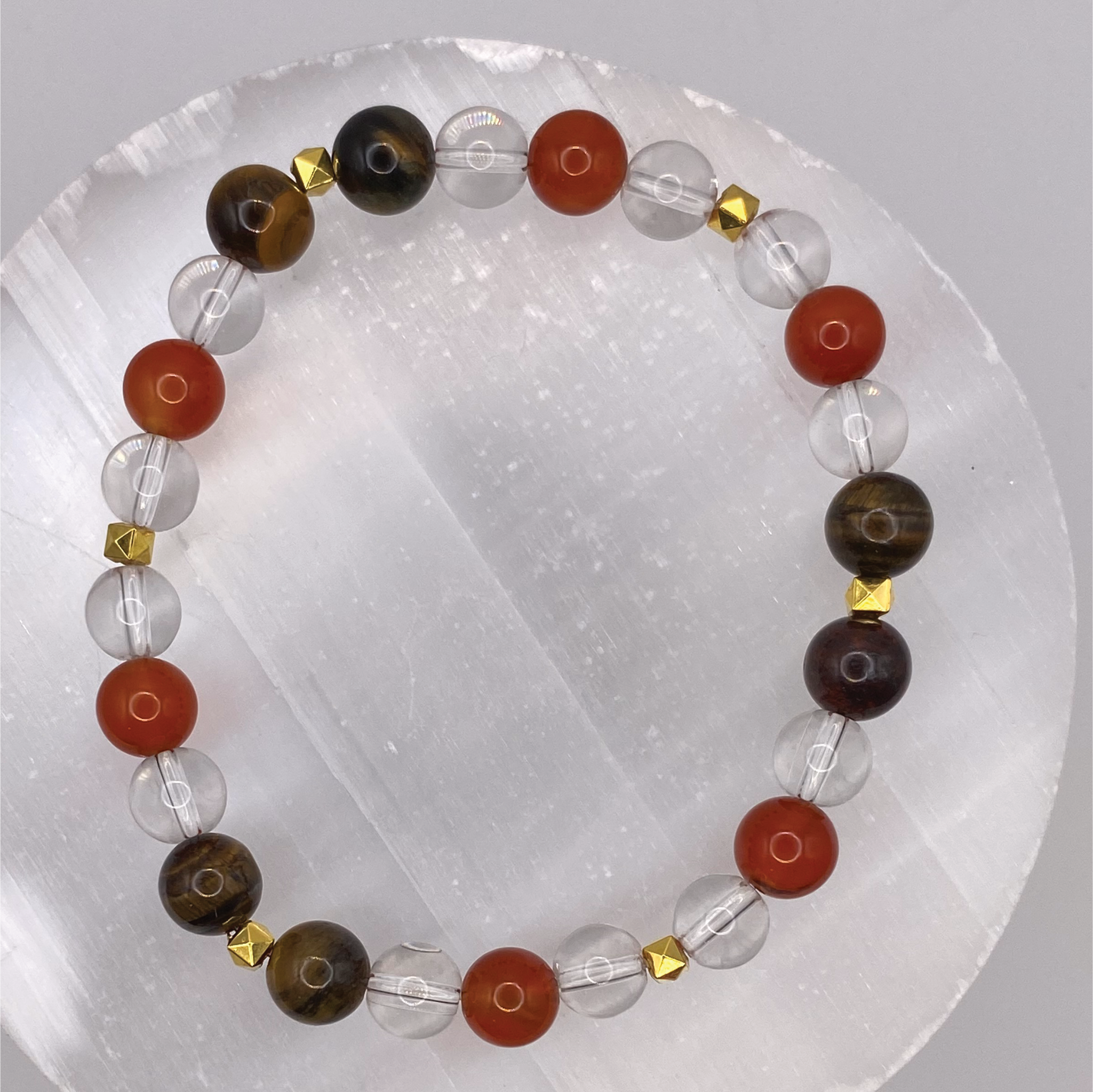 Carnelian Agate Tiger's Eye Clear Quartz Bracelet with Gold Tone Spacers