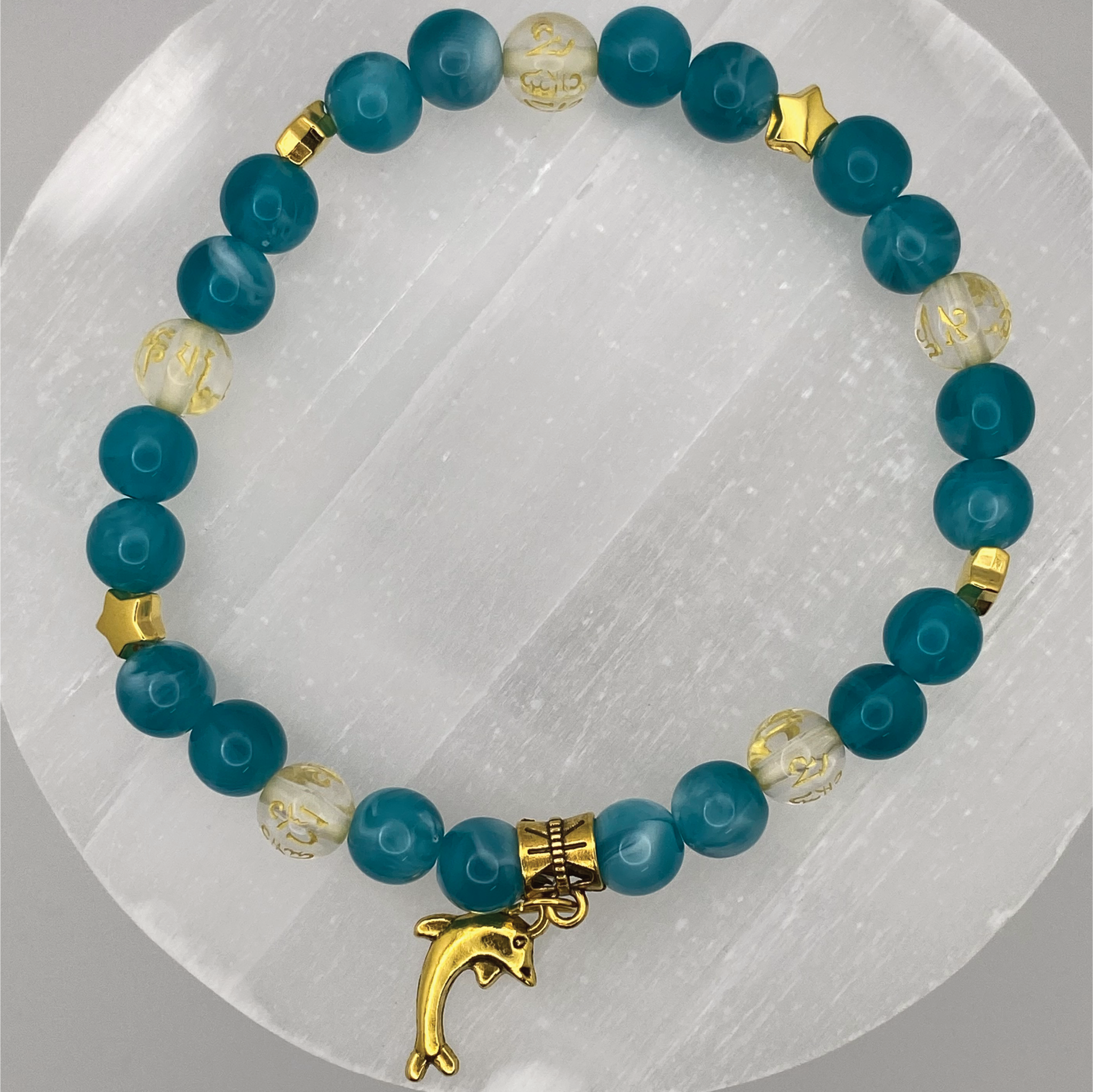 Pulsera con dije de delfín Pixiu de ágata veteada de dragón aguamarina y citrino con espaciadores de estrella dorados