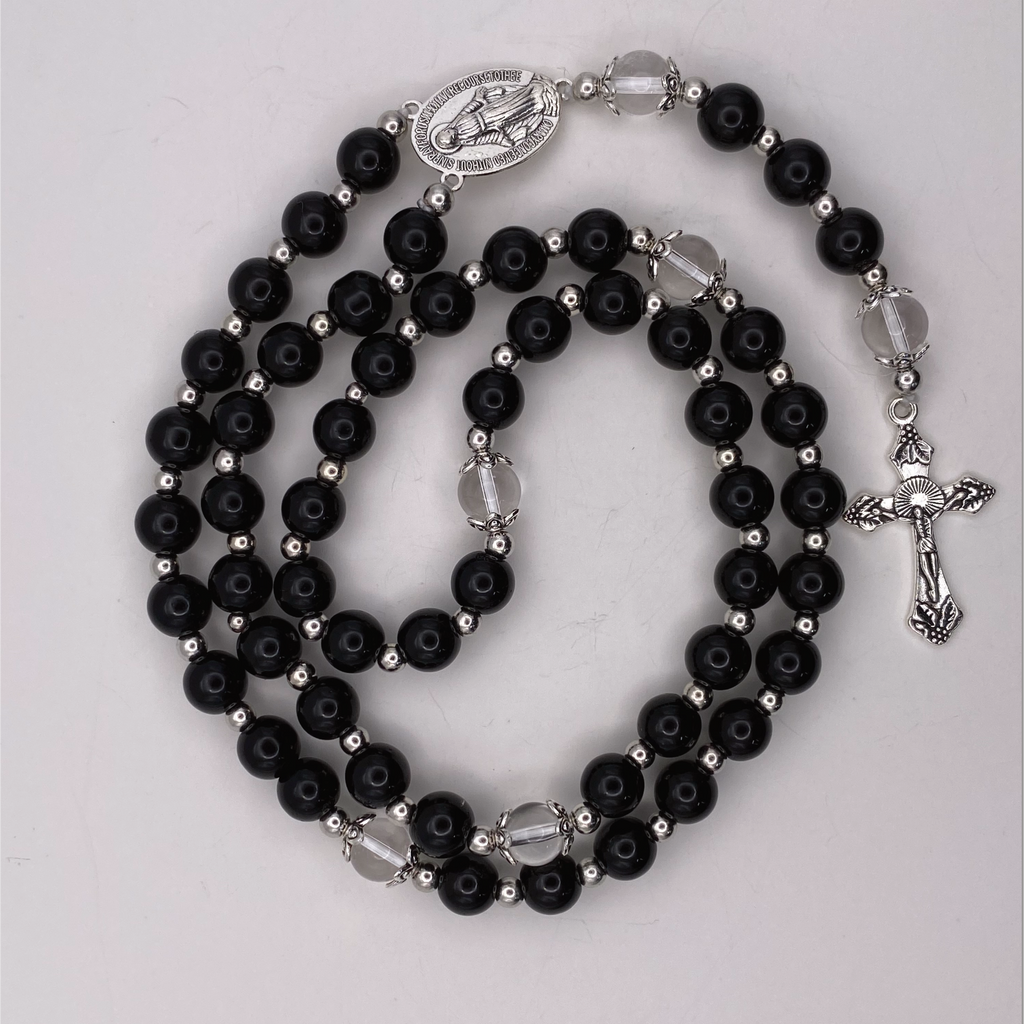 Black Clear Full 5 Decade Silver Rosary