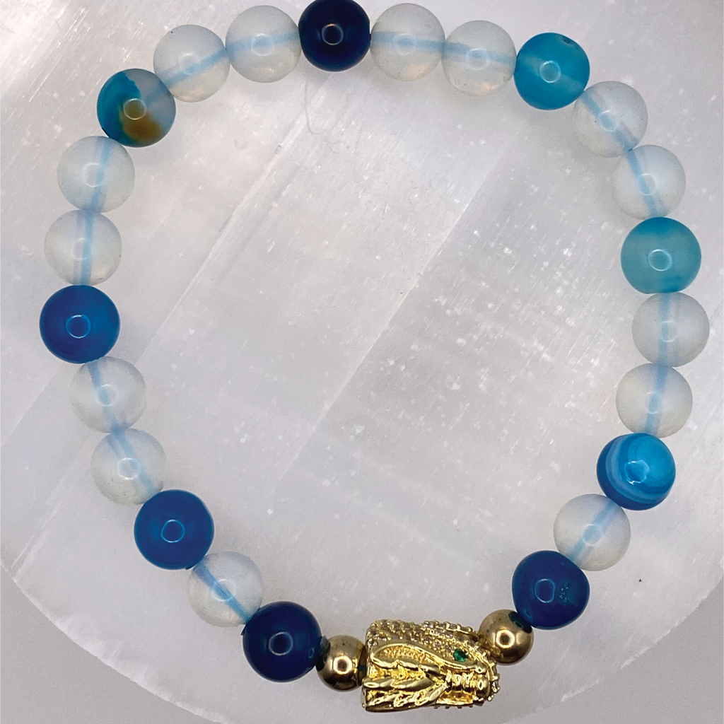 Blue Dragon Vein Agate Sea Opal Dragon Charm Bracelet with Gold Tone Spacers