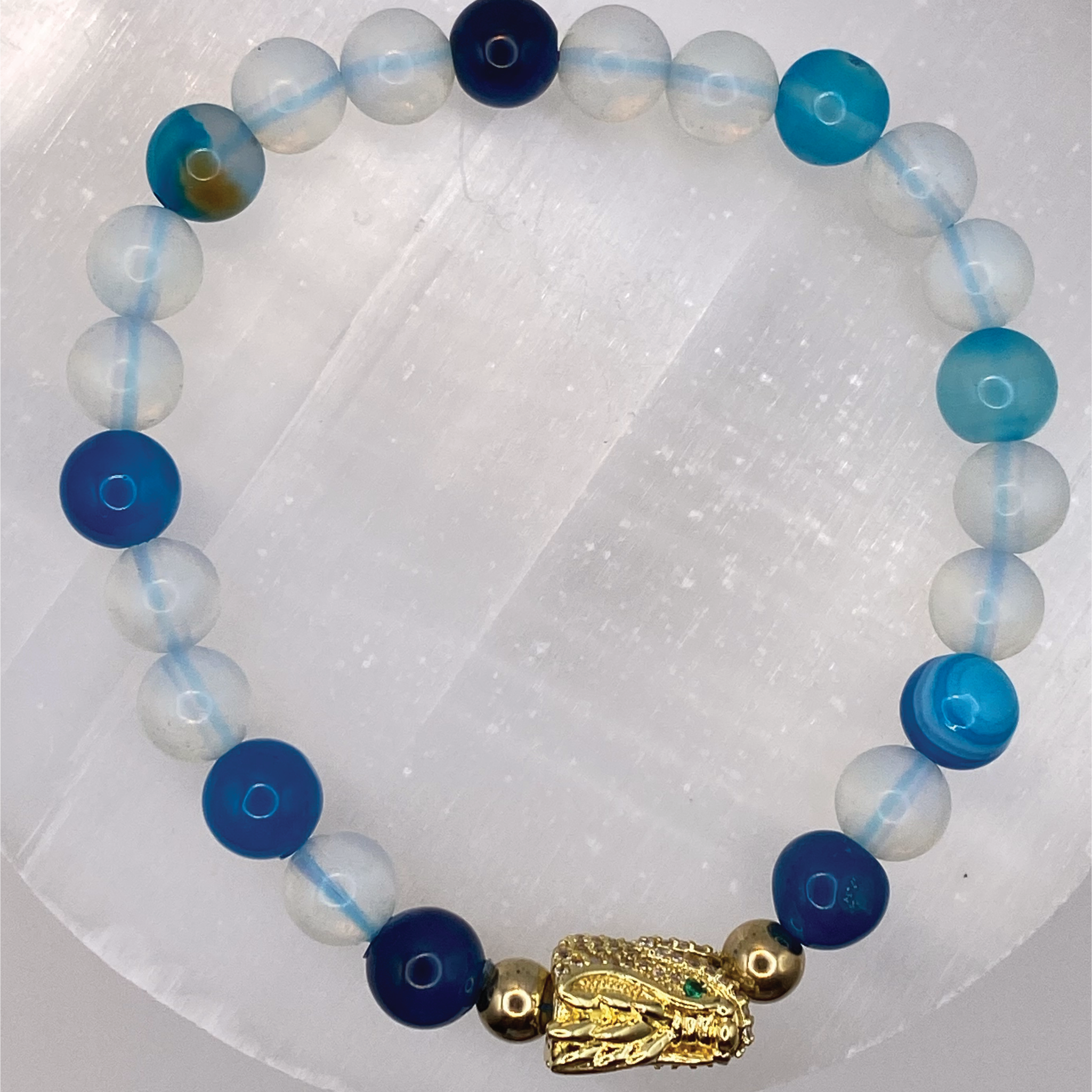 Blue Dragon Vein Agate Sea Opal Dragon Charm Bracelet with Gold Tone Spacers