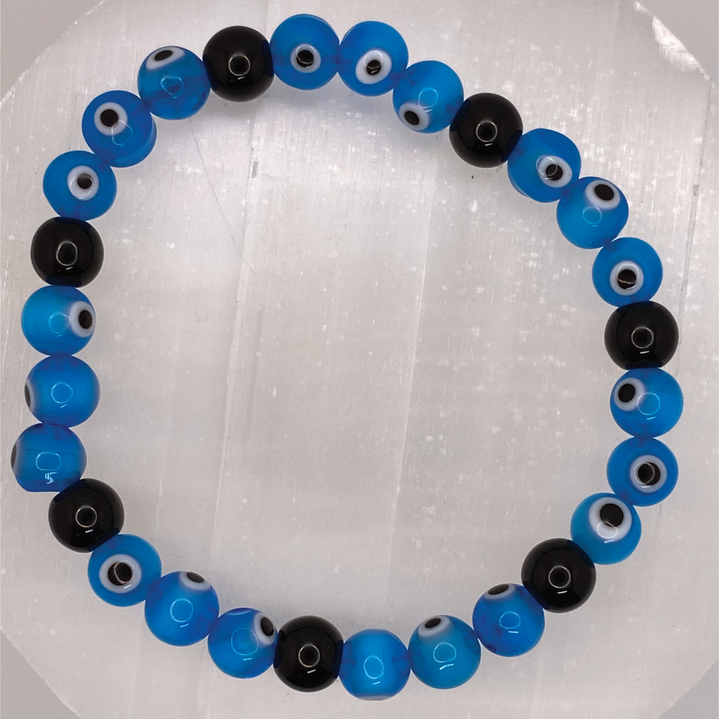 Blue Sea Glass Evil Eye Black Agate Bracelet