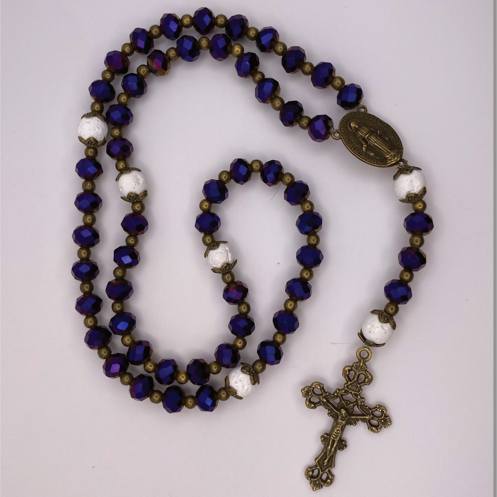 Purple Faceted White Magnesium Full 5 Decade Bronze Rosary