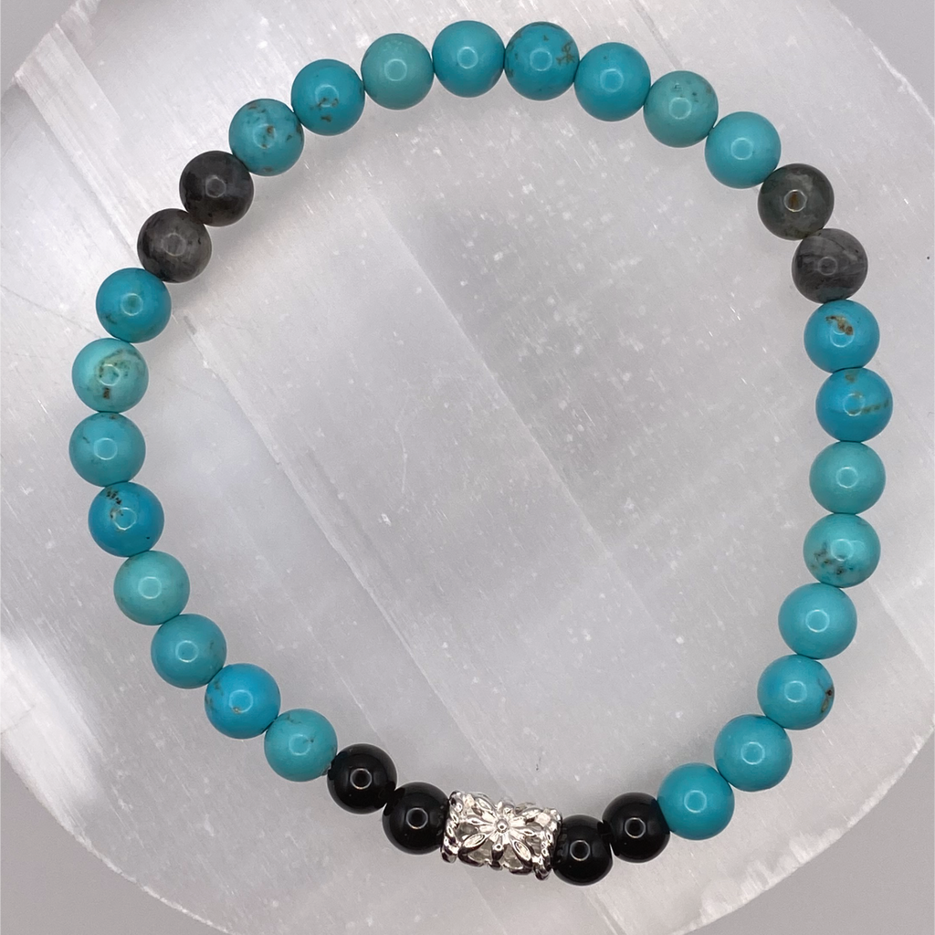 Turquoise Howlite Black Agate Bracelet with Silver Tone Barrel Spacer