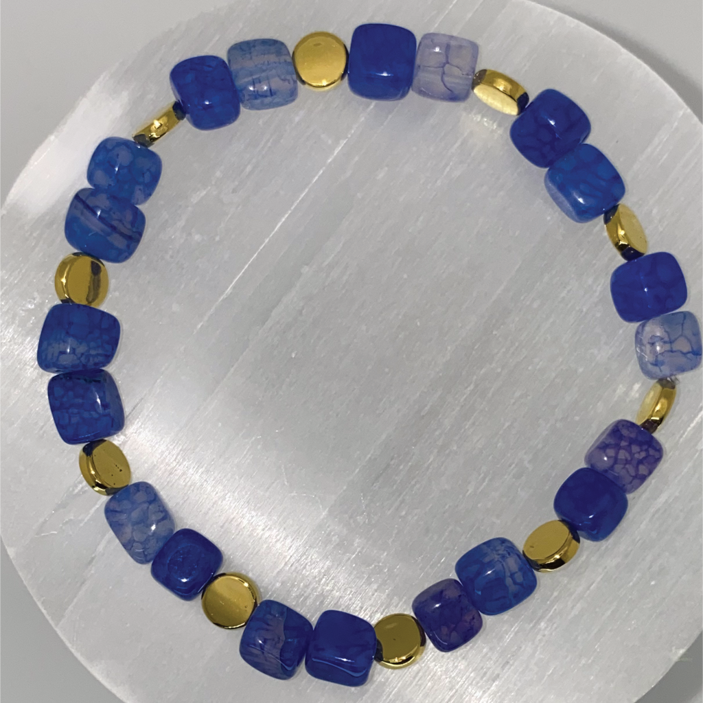Blue Square Dragon Agate Bracelet with Gold Disc Spacers